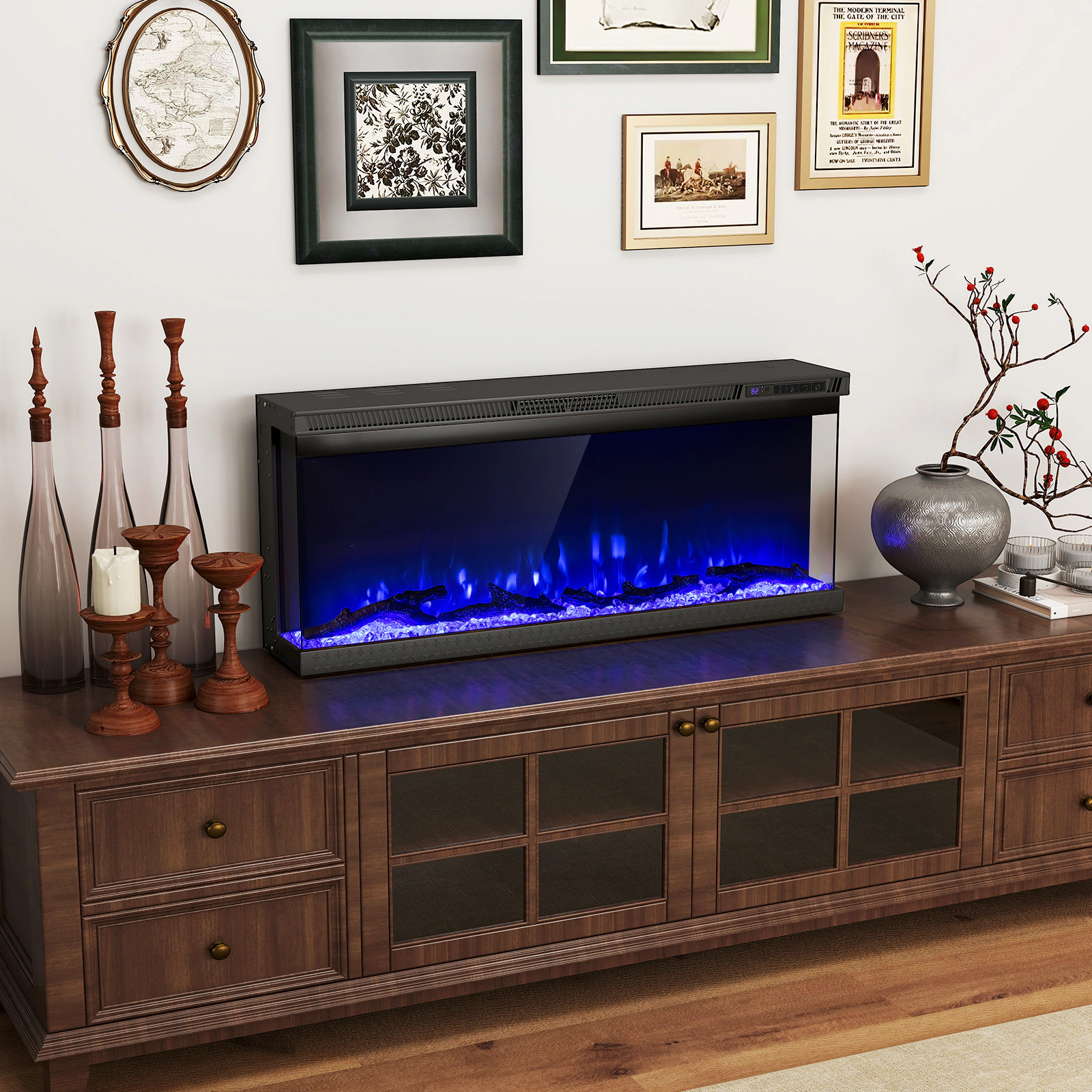 SUGIFT 40-Inch 3-Sided Electric Fireplace Insert, 5,000 BTU, 12 Flame Colors, Remote Control