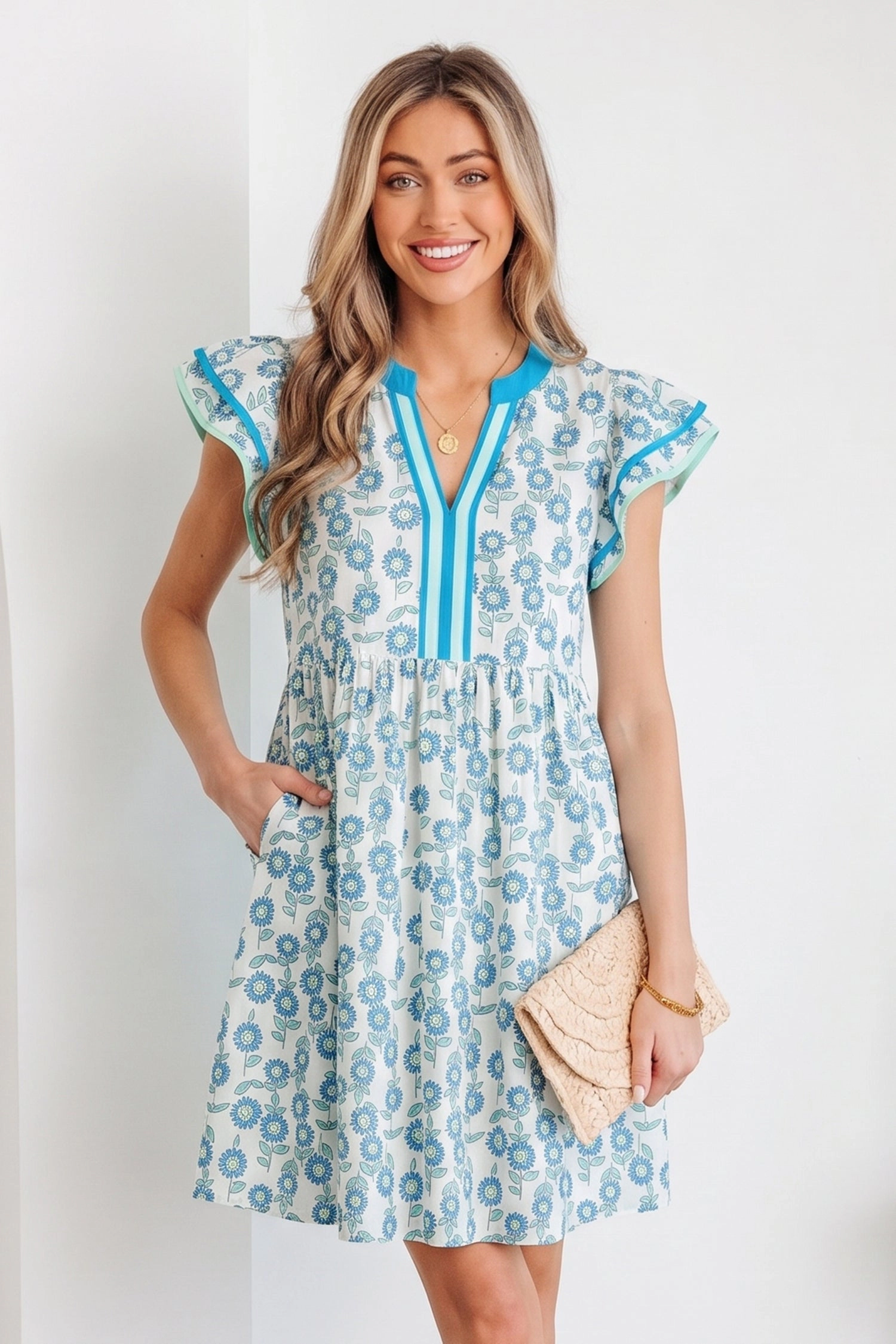 Threaded Pear Womens Marlowe Flutter Sleeve Mini Dress - Sunflower Print Sky Blue
