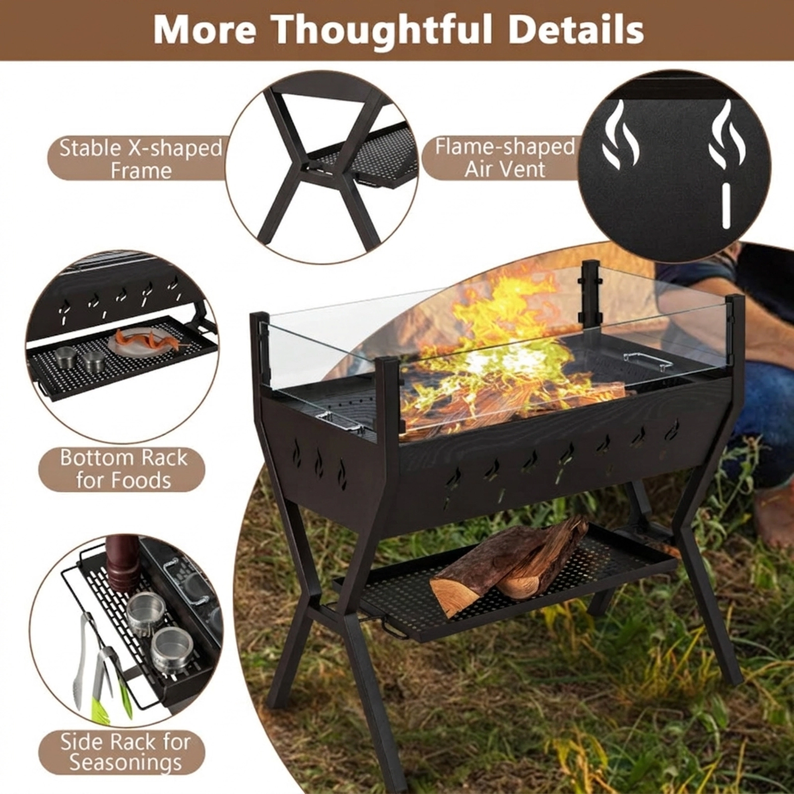 SUGIFT 3-in-1 Black Charcoal Grill with Glass Wind Guard and Seasoning Racks 38.5-in W 16.5-in D 27-in H