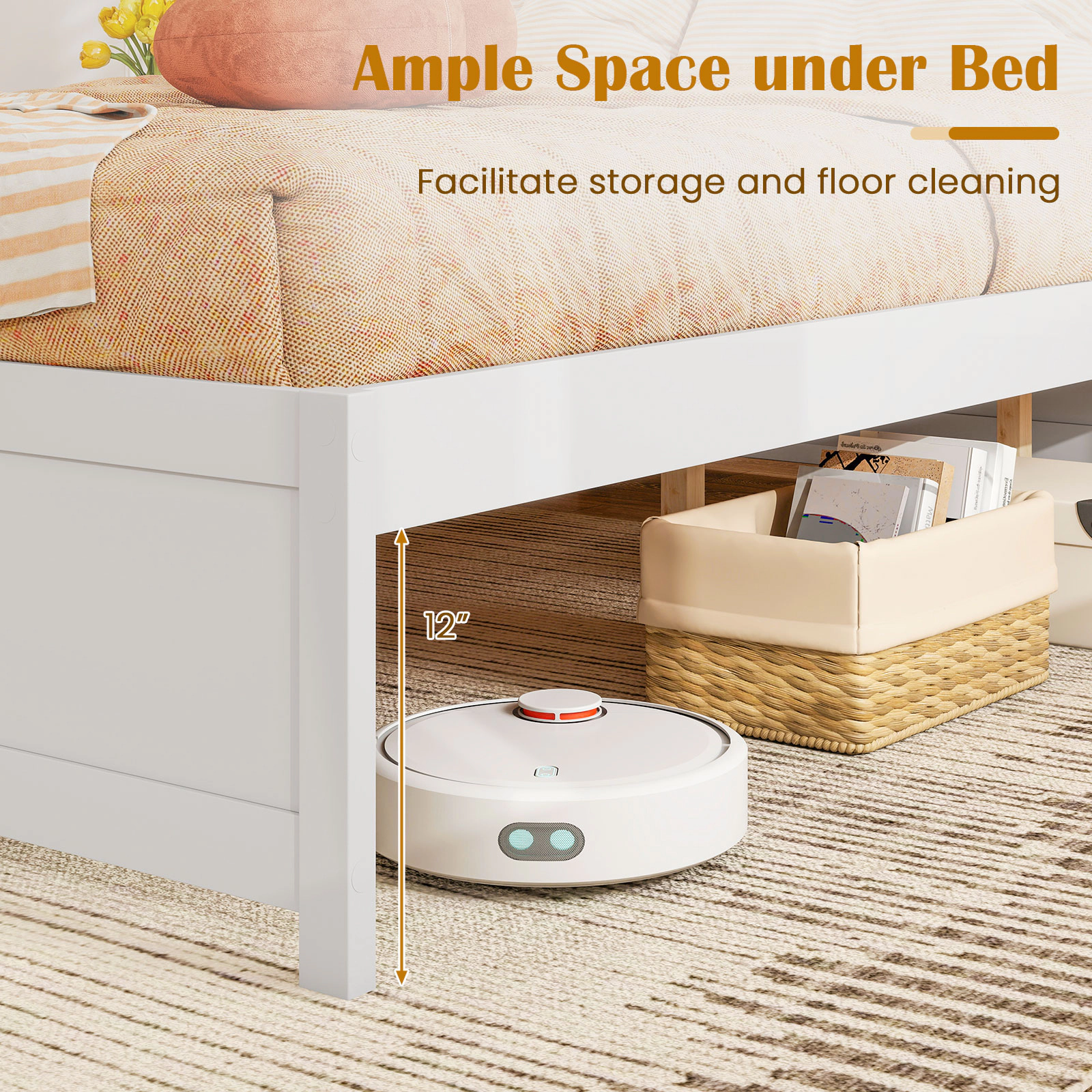 SUGIFT Queen Size Bed Frame with 2 Rolling Storage Drawers 300-lb Capacity White