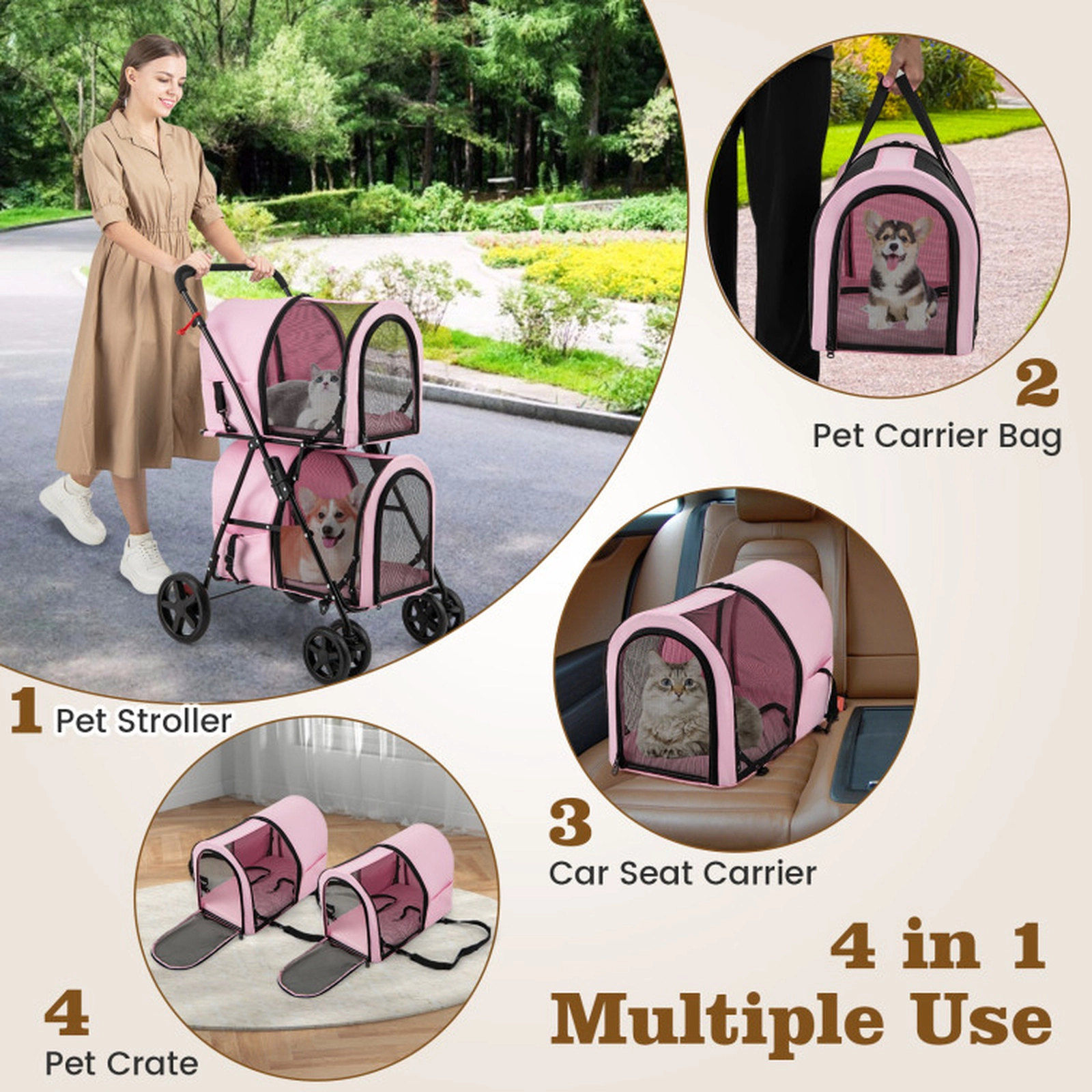 SUGIFT 4-in-1 Double Pet Stroller and Pet Bed Carrier Crate Car Seat 17-lb Capacity Double Layer Beige Blue Black