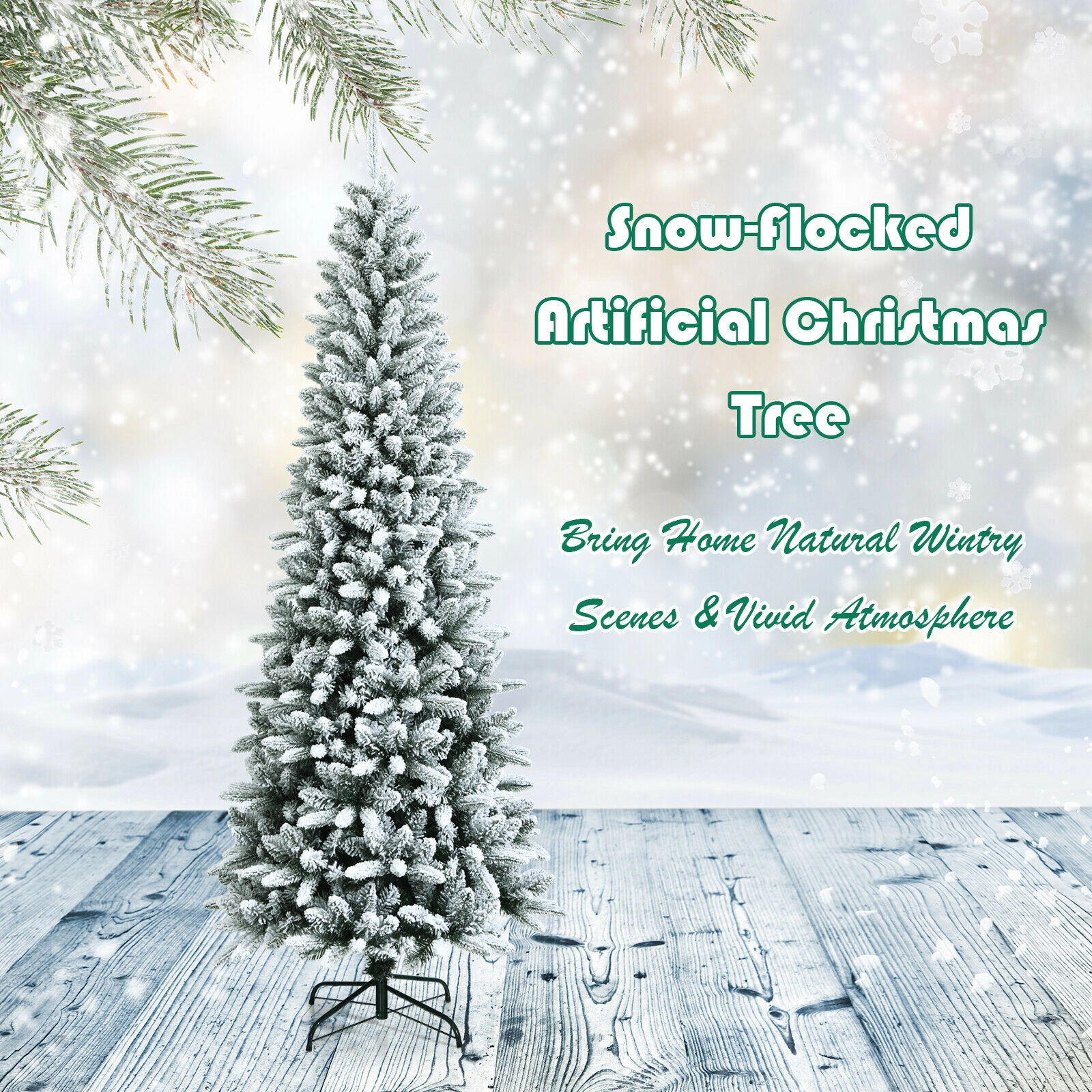 SUGIFT Snow-Flocked Hinged Artificial Christmas Pencil Tree 7.5-ft Tall White