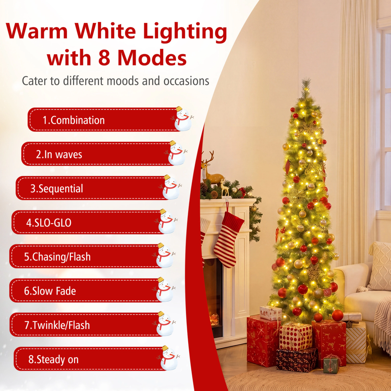 SlickBlue Skinny Artificial Christmas Tree with 8 Lighting Modes