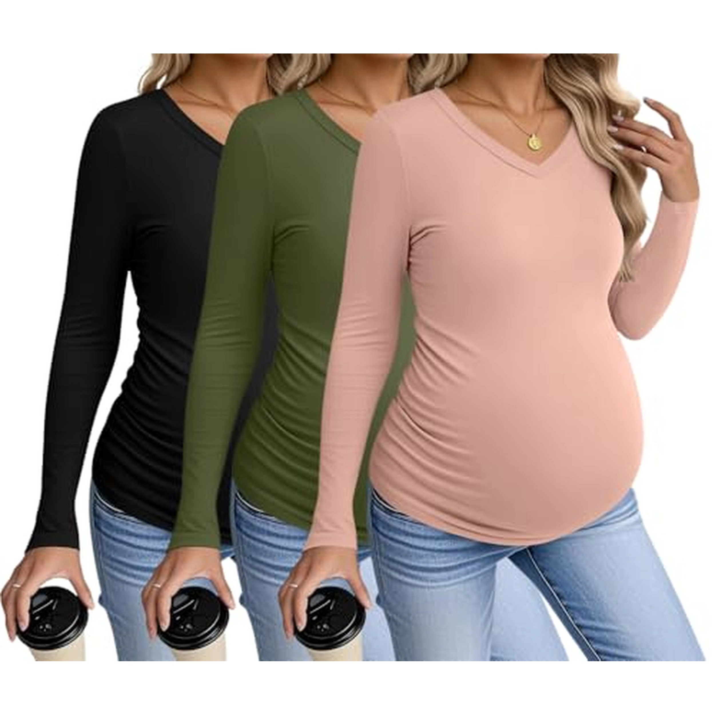 Ekouaer Women's V Neck Long Sleeve Maternity T-Shirt Pregnancy Tops