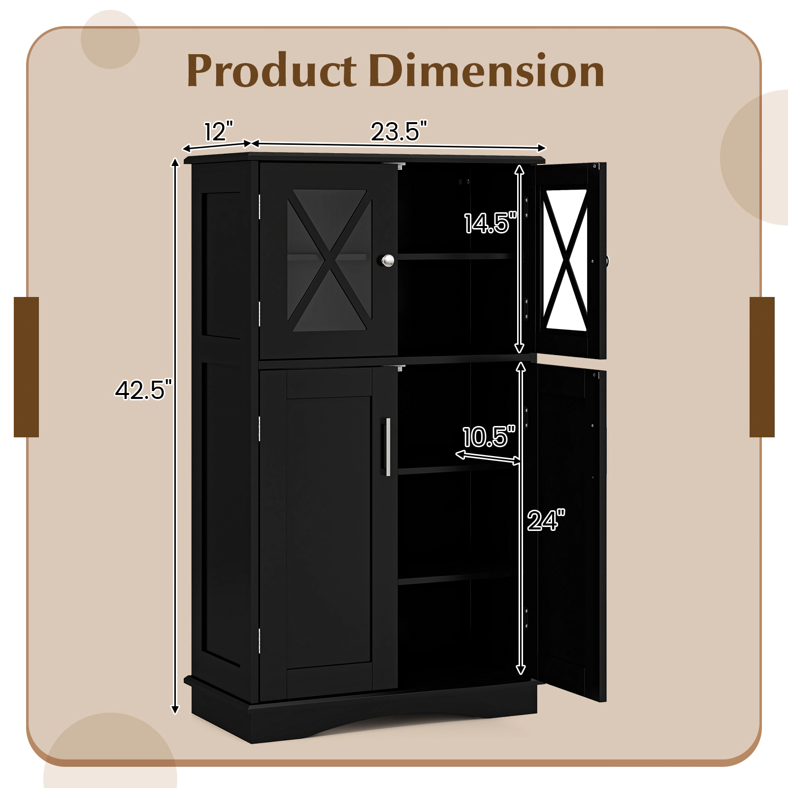 Glintex 4-Door Freestanding Bathroom Cabinet with Glass Doors and 3 Adjustable Shelves