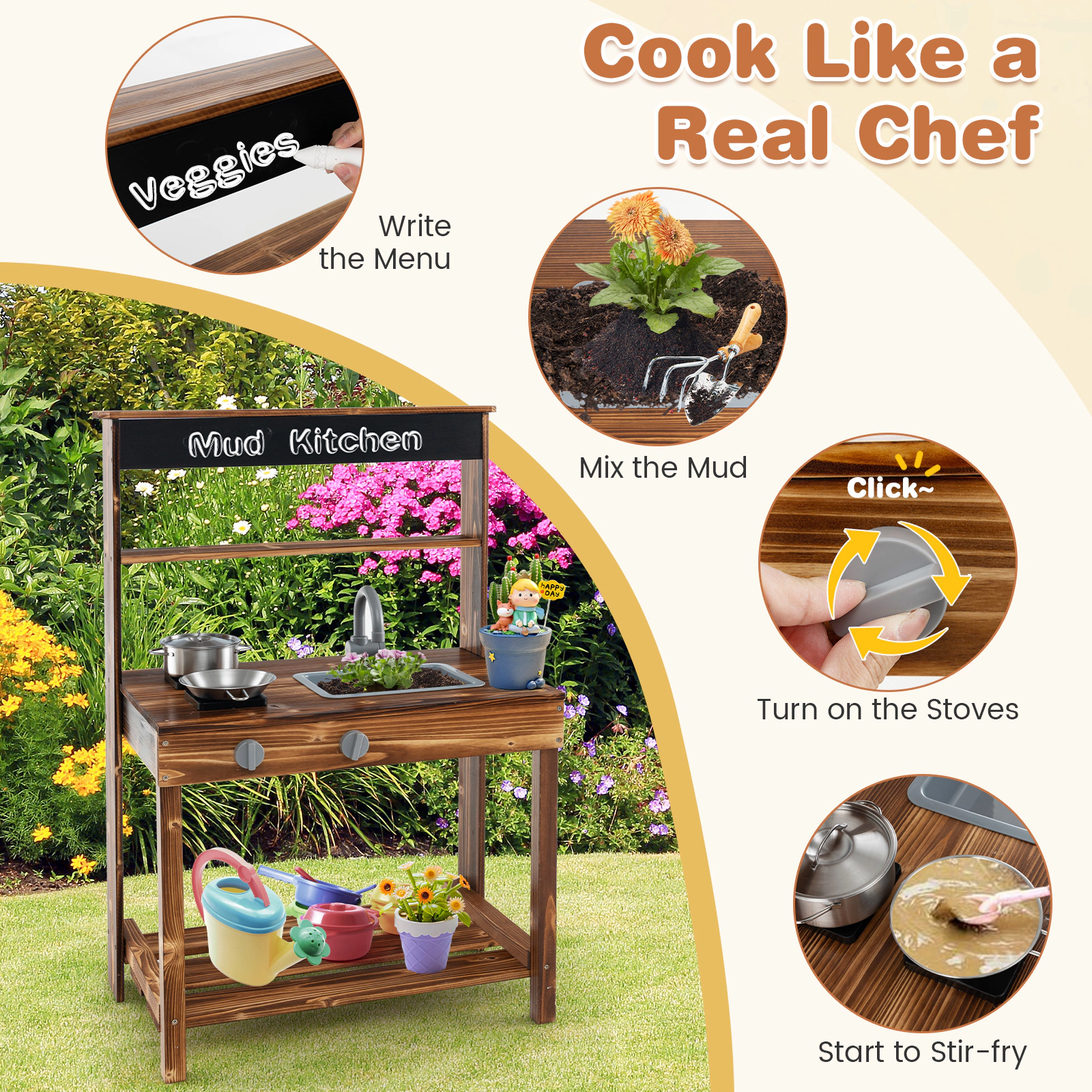 LJG Outdoor Mud Kitchen for Kids with Rotatable Faucet and Removable Sink
