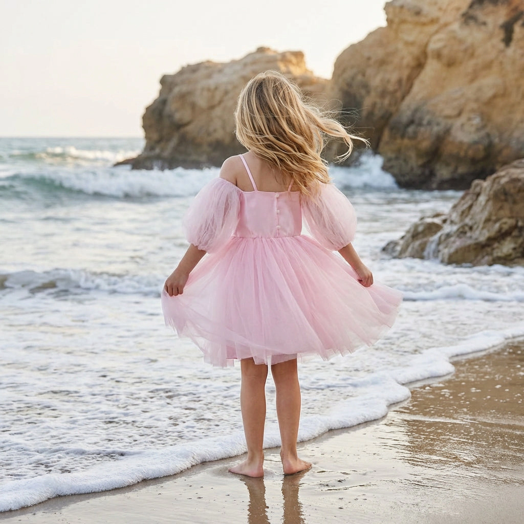 2Bunnies Girls' 3T-8Y Sheer Puff Sleeve Off-Shoulder Tulle Party Flower Girl Dress