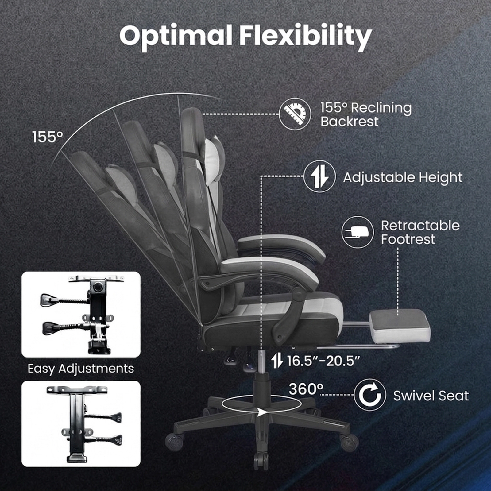 SUGIFT Gray Headrest Lumbar Support and 155-Degree Recline Ergonomic Video Game Chair