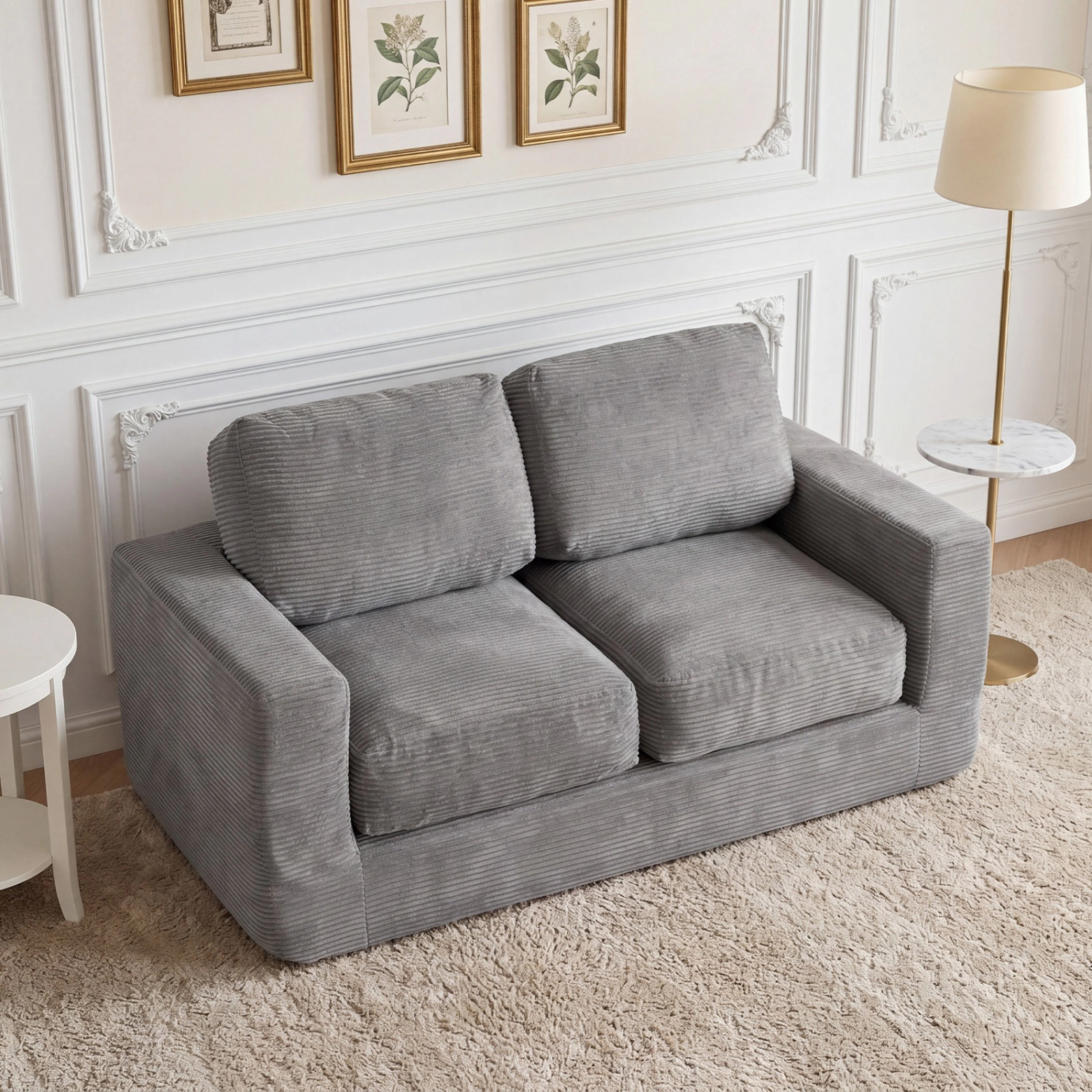 SUGIFT Gray Corduroy Floor Couch, 2-Seater Foam Loveseat, 660-lb Capacity