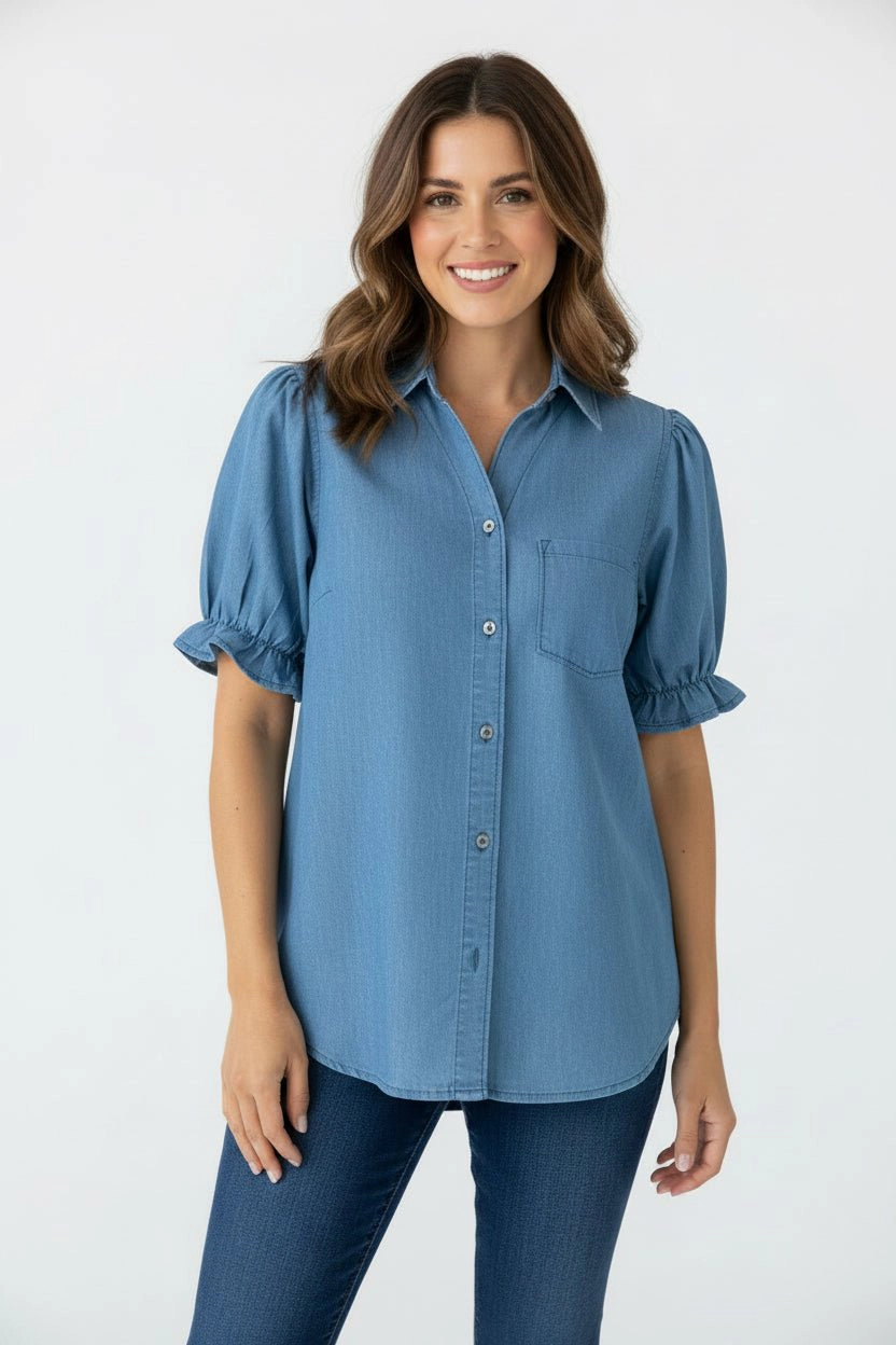 DressAtR Women's Blue Denim V Neck Collar Puff Sleeve Button Front Blouse