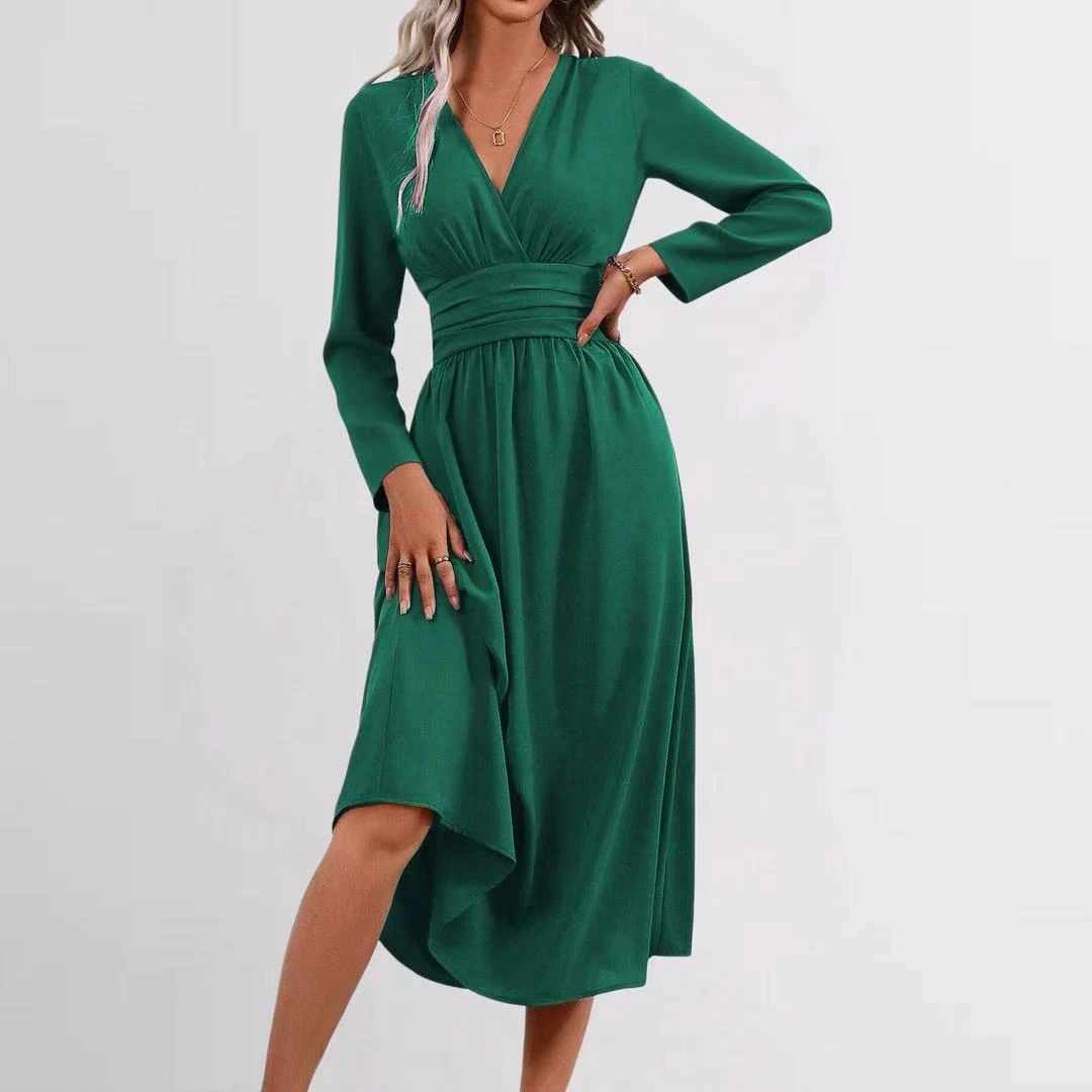 YesFashion Womens V Neck Long Sleeve Midi Dress Elegant Flowy Wedding Guest Holiday Formal Dresses