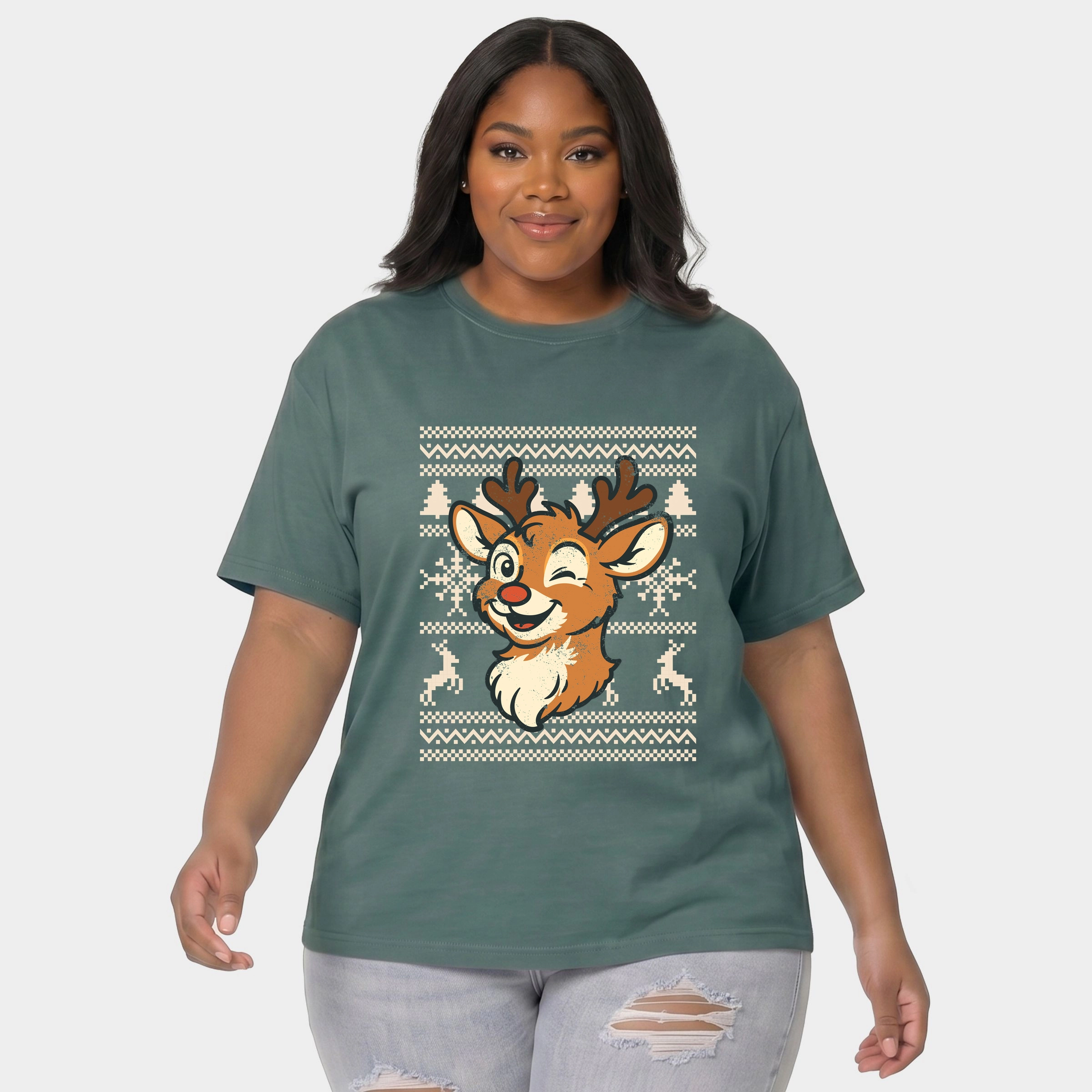 Simply Sage Market - Women's Plus Sized Garment Dyed Graphic T-Shirt Ugly Sweater Reindeer