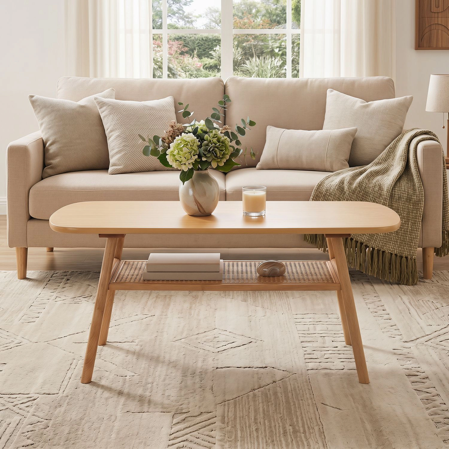SlickBlue Rattan Shelf Coffee Table with Wood Top and Storage