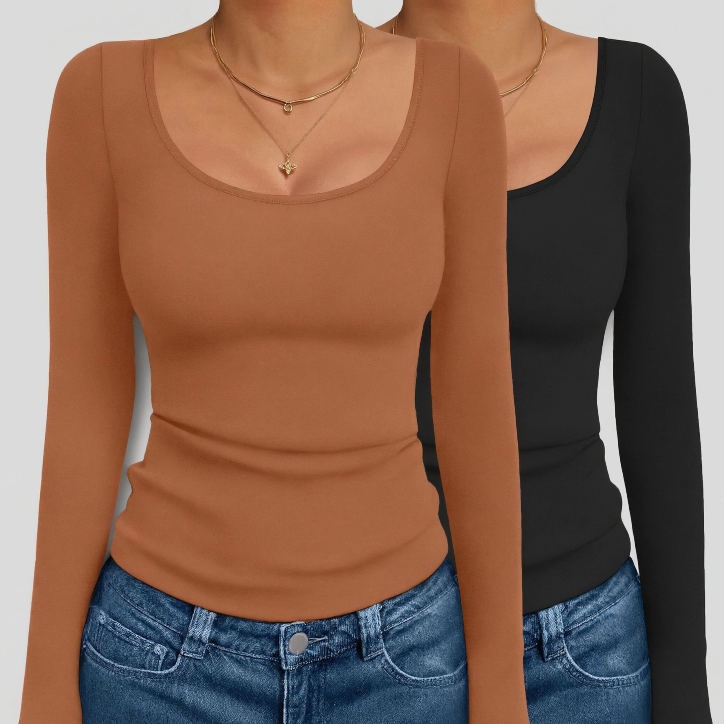 Ekouaer Women's Scoop Neck Long Sleeve Slim Fit Basic T-Shirt