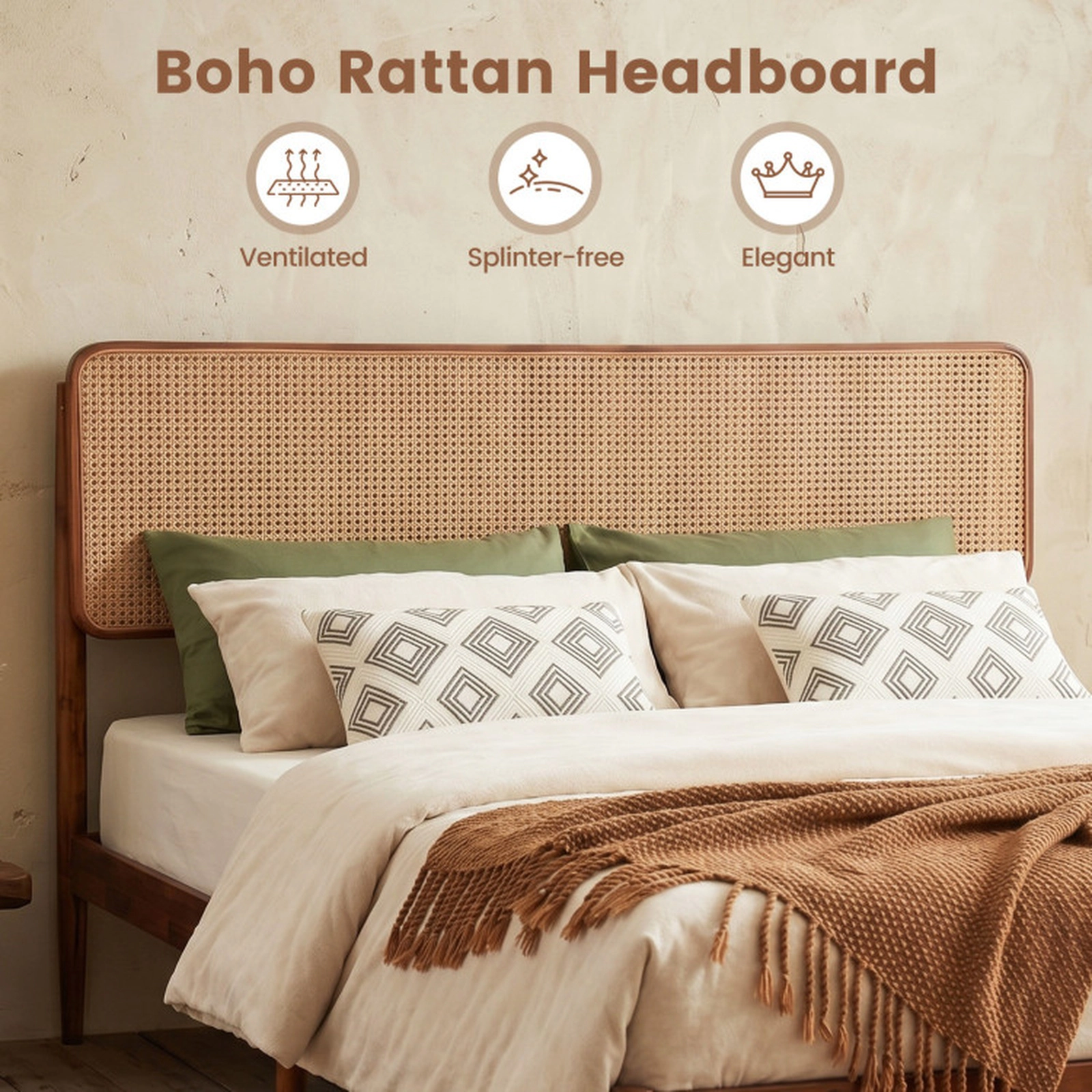 SUGIFT Full Size Brown Acacia Wood Boho Bed Frame with Rattan Headboard and 12 Slats 700-lb Frame Capacity