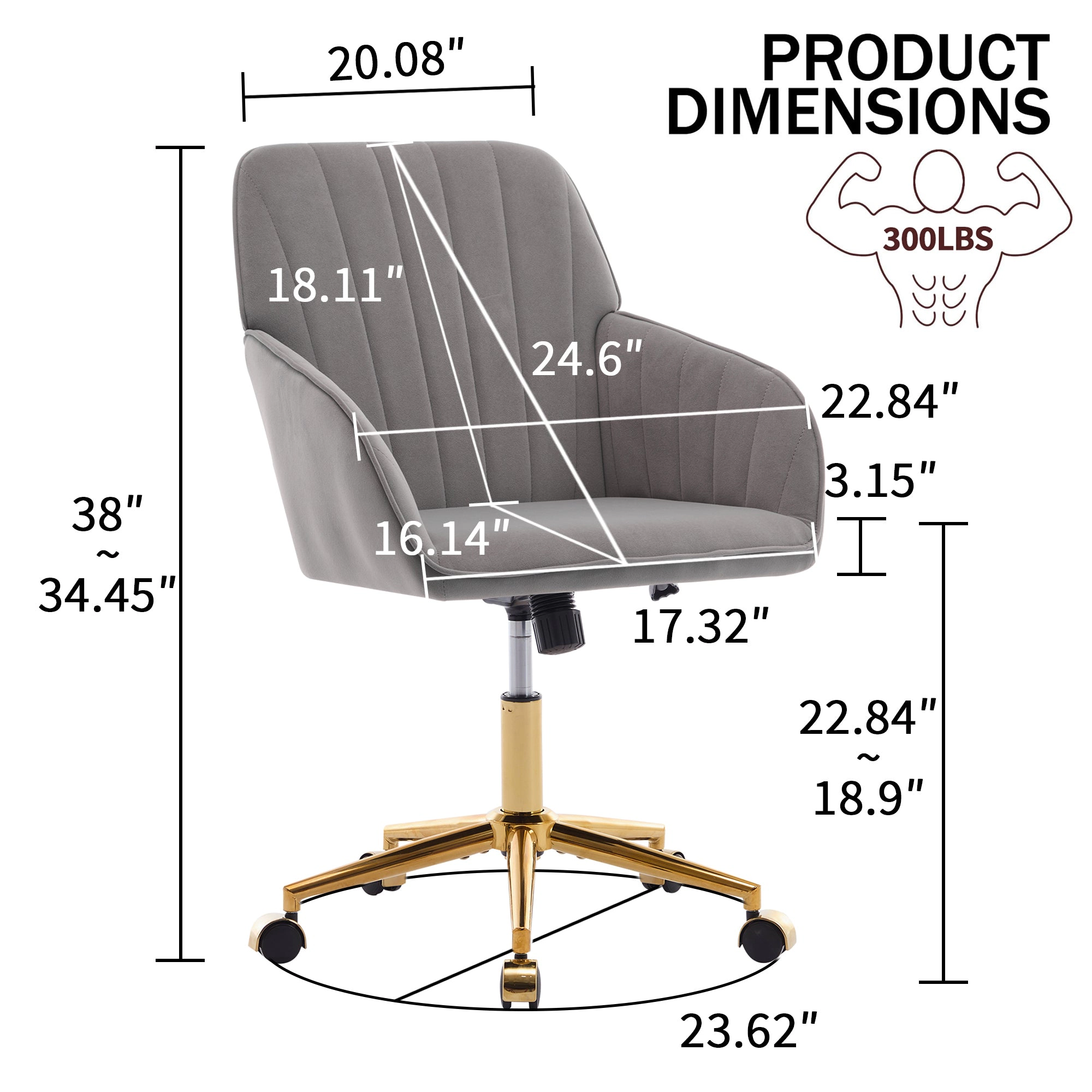 Platinum-Level Office Chairs TY Adjustable Velvet Office Chair, Gray, Gold Base Swivel