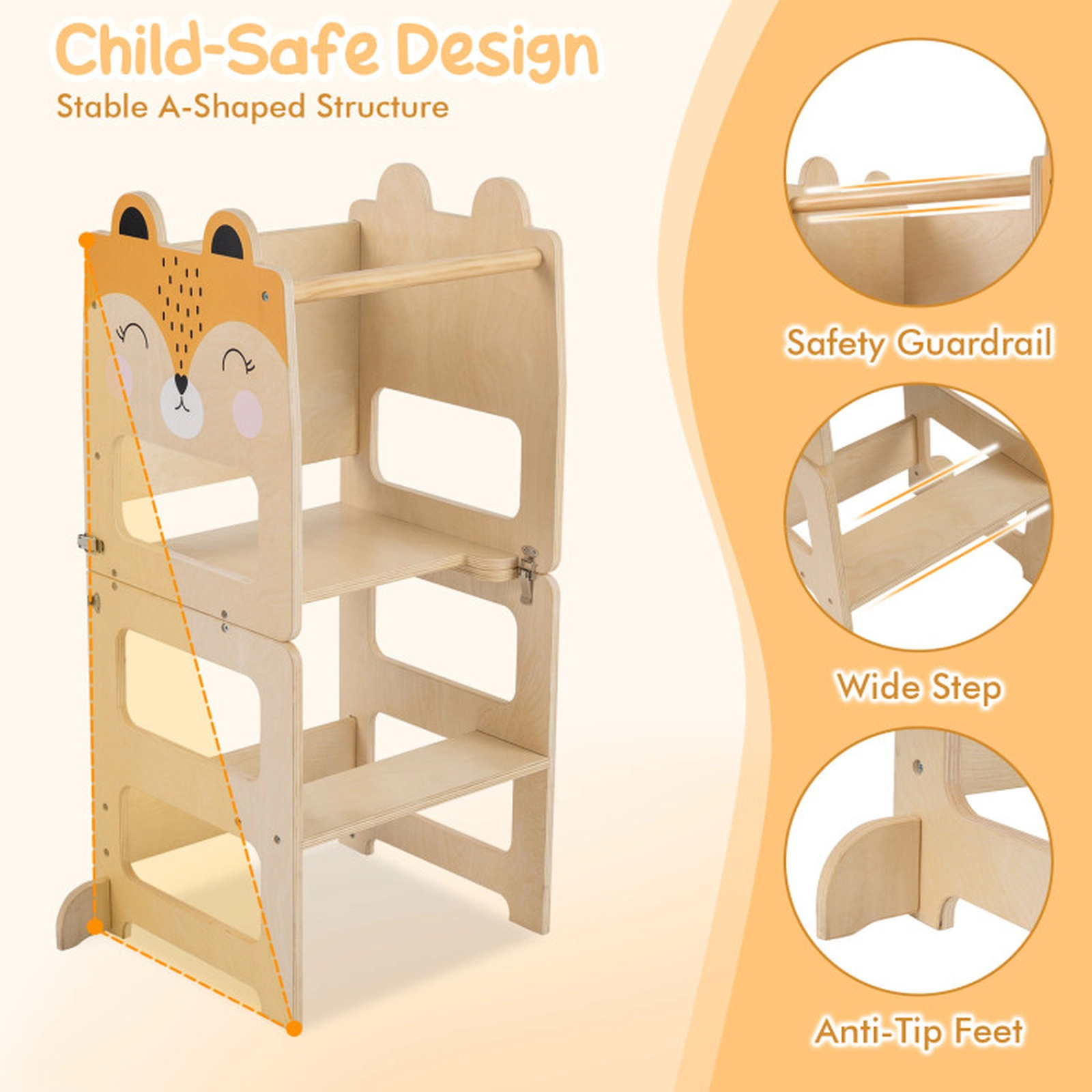 SUGIFT 3-in-1 Wooden Kids Toddler Kitchen Step Stool with Blackboard & Table Set 110-lb Capacity Ages 18+ Months Orange