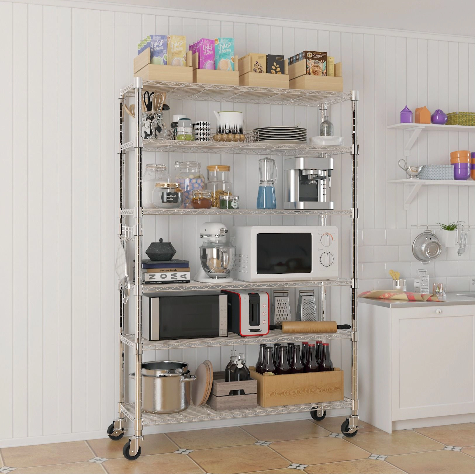Flynama 6 Tier NSF Wire Shelving with Wheels 48 in W x 18 in D x 72 in H Heavy Duty Adjustable Silver