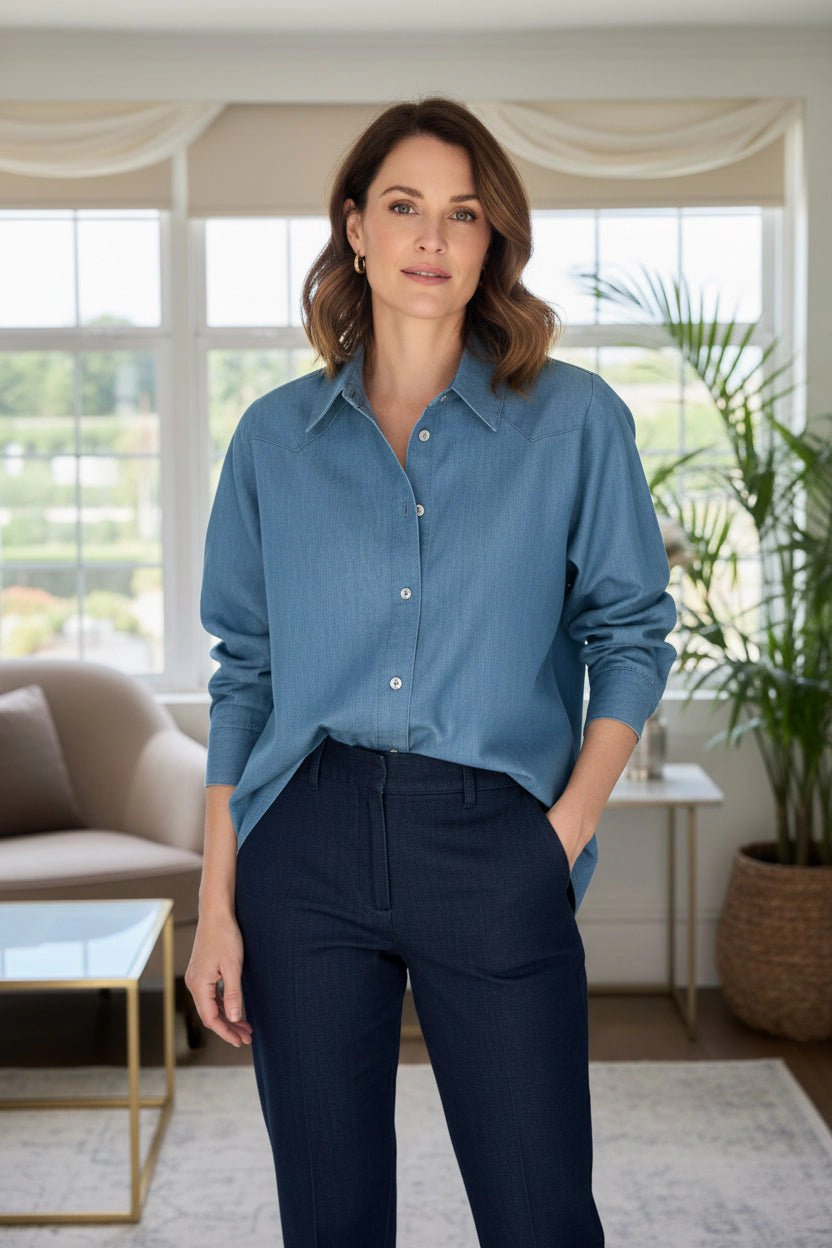 DressAtR Women's Light Blue Denim Full Cuff Sleeve Button Front Shirt