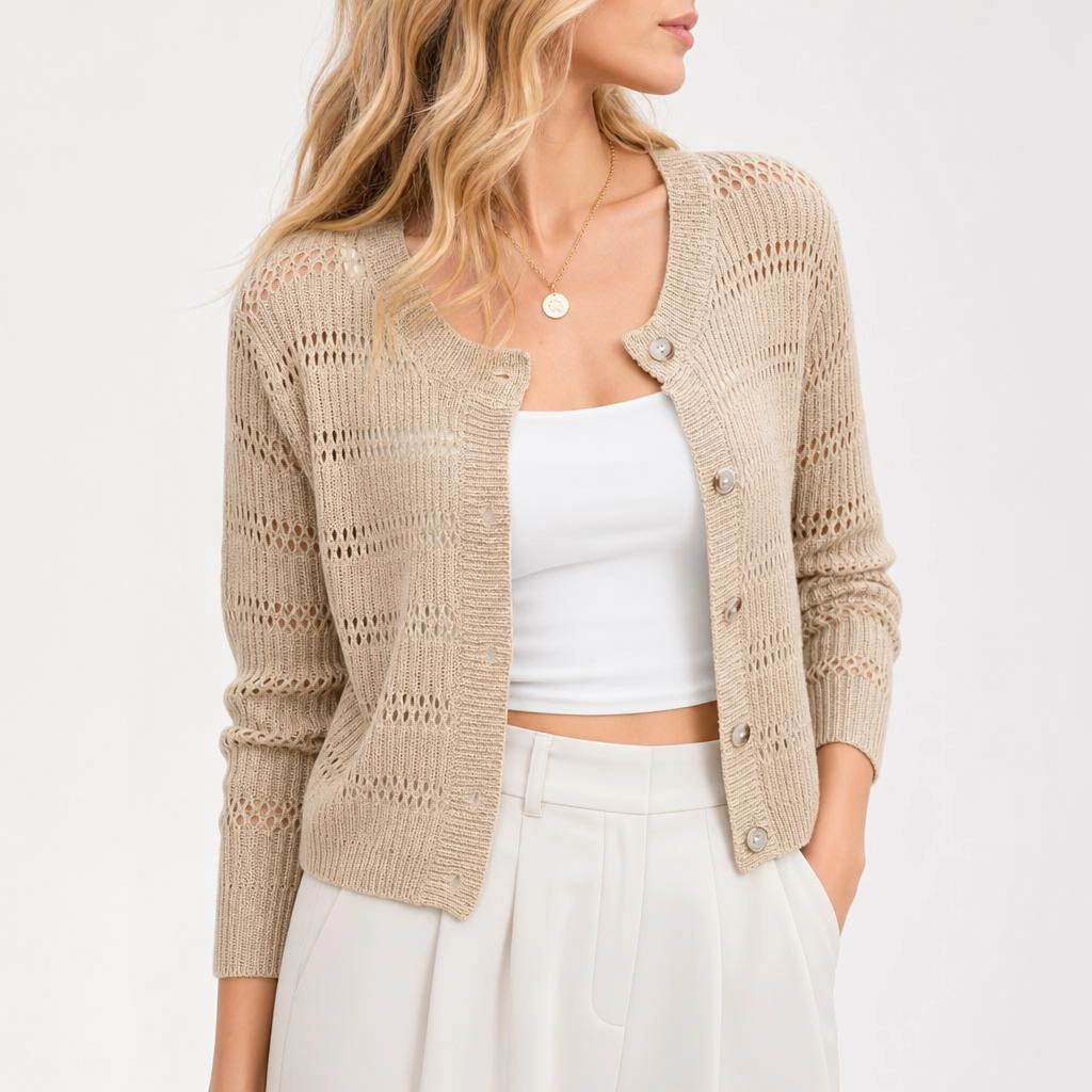 YesFashion Womens 3/4 sleeve Cardigan Shrugs Casual Crewneck Button Down Hollow Out Crochet Sweater