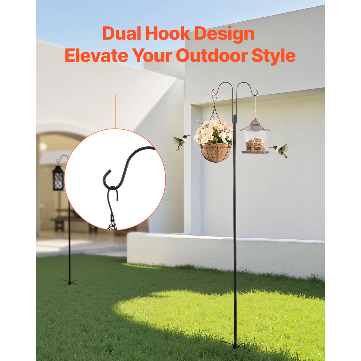 HONGGE Double Shepherds Hooks for Outdoor 8 Pack Heavy Duty Bird Feeder Pole 3/4 Inch Thick Garden Hooks for Hanging