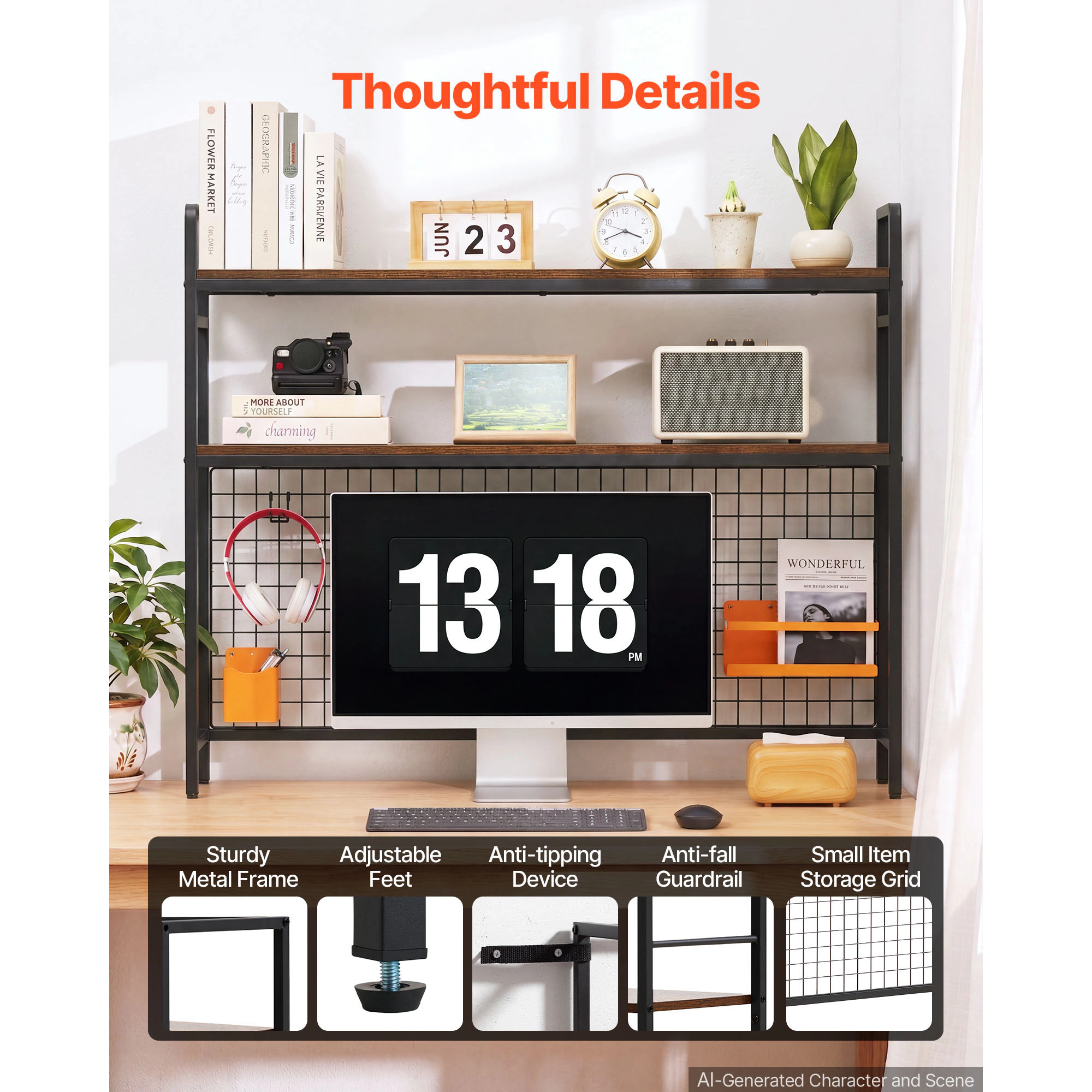 HONGGE Desktop Bookshelf Storage Hutch with for Desk Shelf Feet Pads Organizer Dorm Home