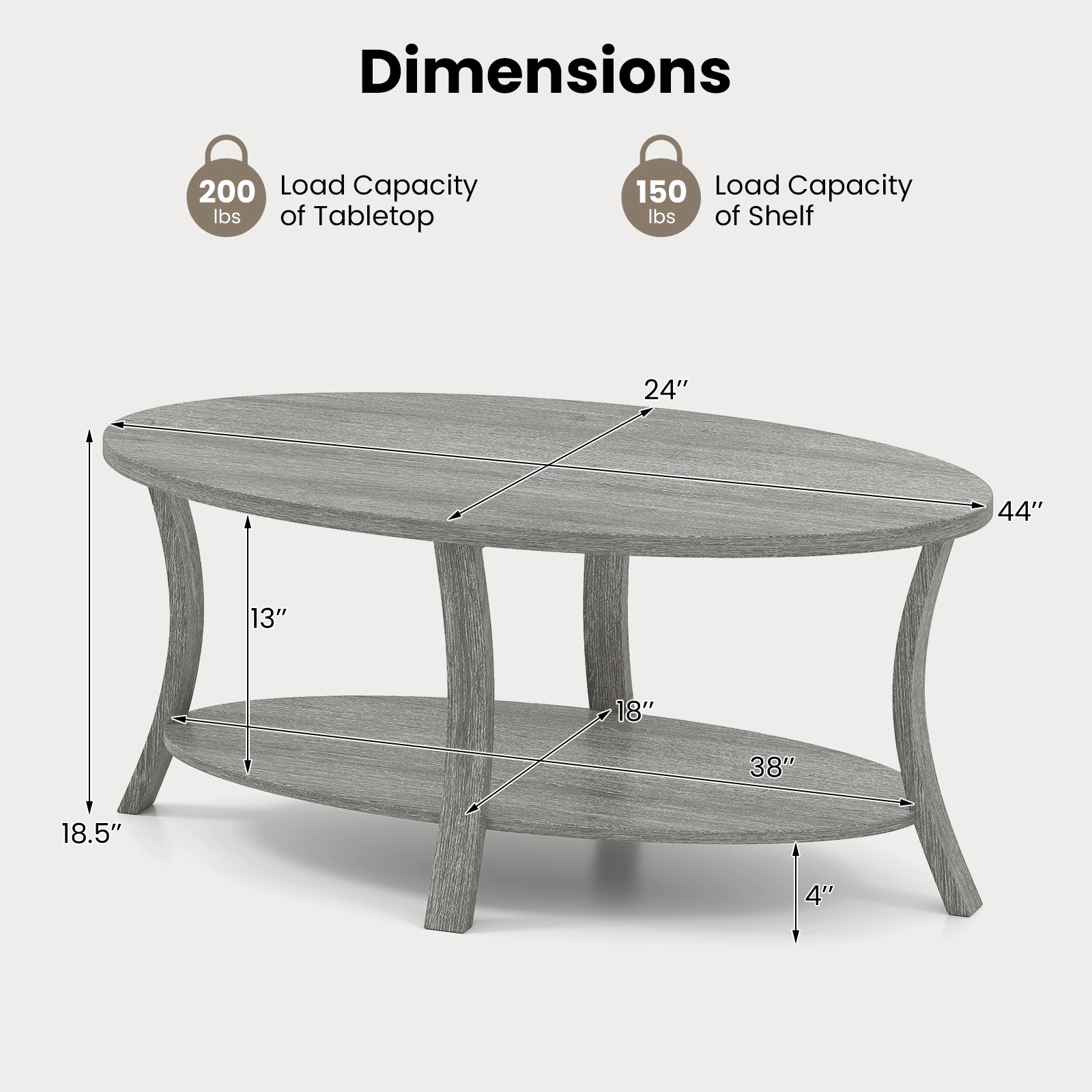 Glintex 2-Tier 44-Inch Oval Coffee Table with Storage Shelf and Wood Legs, Gray