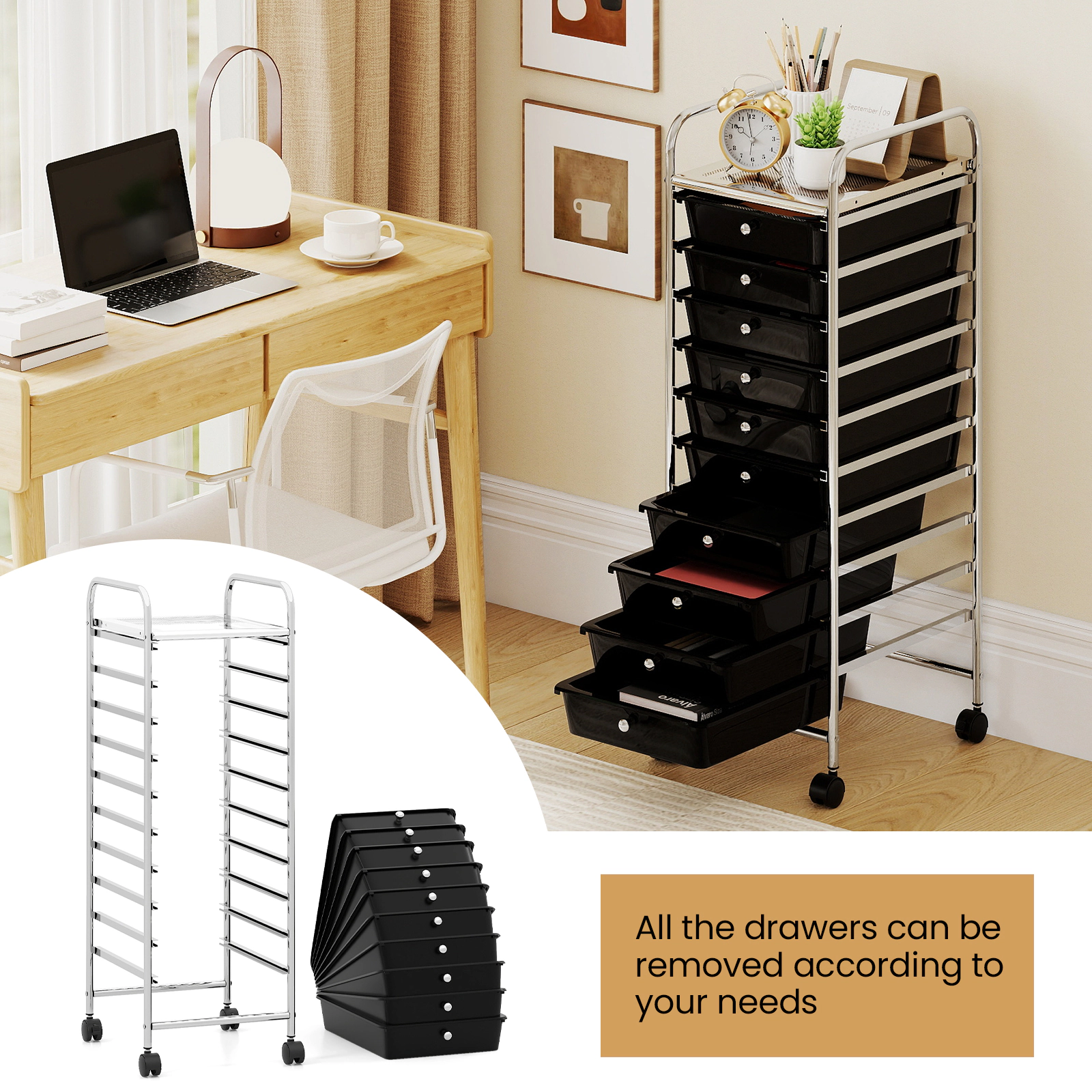 SlickBlue Rolling Drawer Organizer Cart, 10 Drawers, Top Shelf