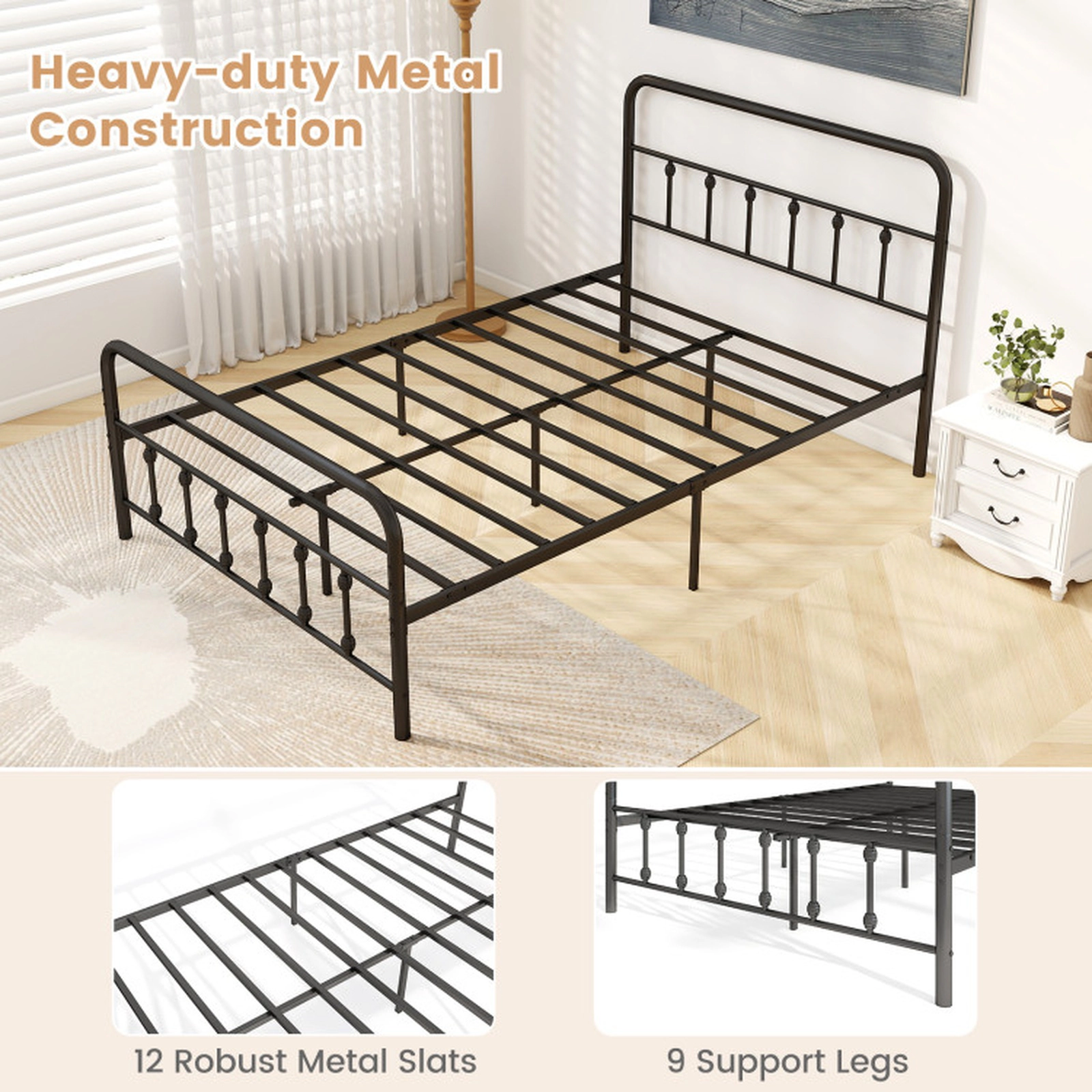 SUGIFT Victorian Style Bed Frame with Headboard and 12.5-in Under Bed Storage Full Size 1100-lb Capacity Black