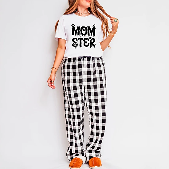 Simply Sage Market - Women's Plaid Pants and Tee Set of 2 - Momster Halloween