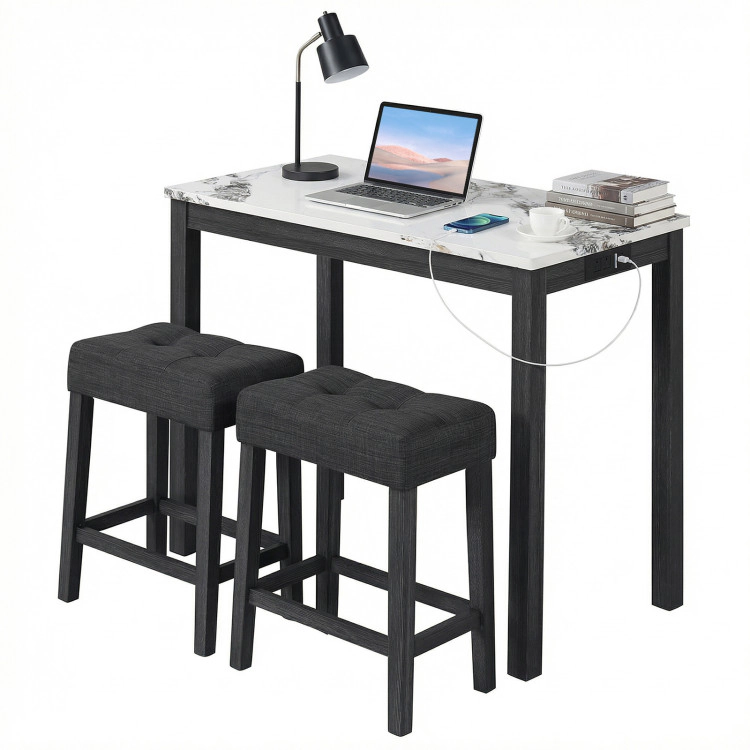 SUGIFT White Side Charging Station and Faux Marble Top 3-Piece Bar Table Set