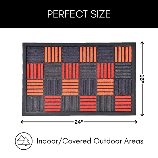 Evideco French Home Goods Orange Red Gray Caroll Checkered Nylon Doormat 24 x 16 Inches