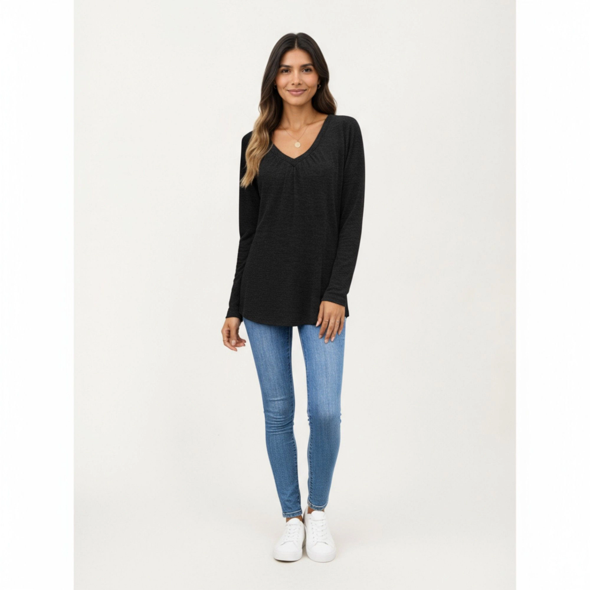 Anna-Kaci Women's V-Neck Front Pleat Relaxed Fit Long Sleeve Top