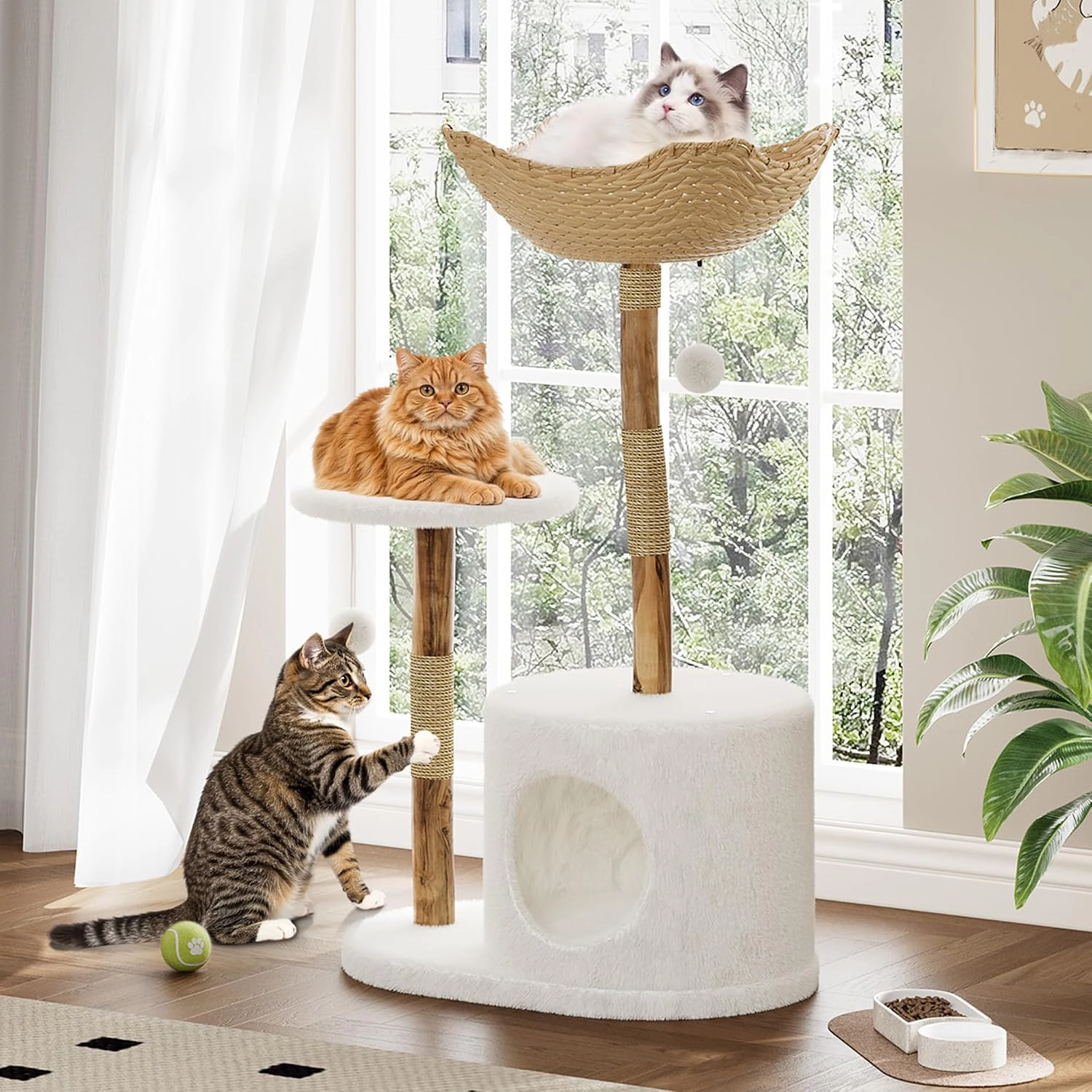 43-Inch Wood-Rattan Cat Tree Tower, Multi-Level Indoor Cat Condo Perch Without Tree Branch