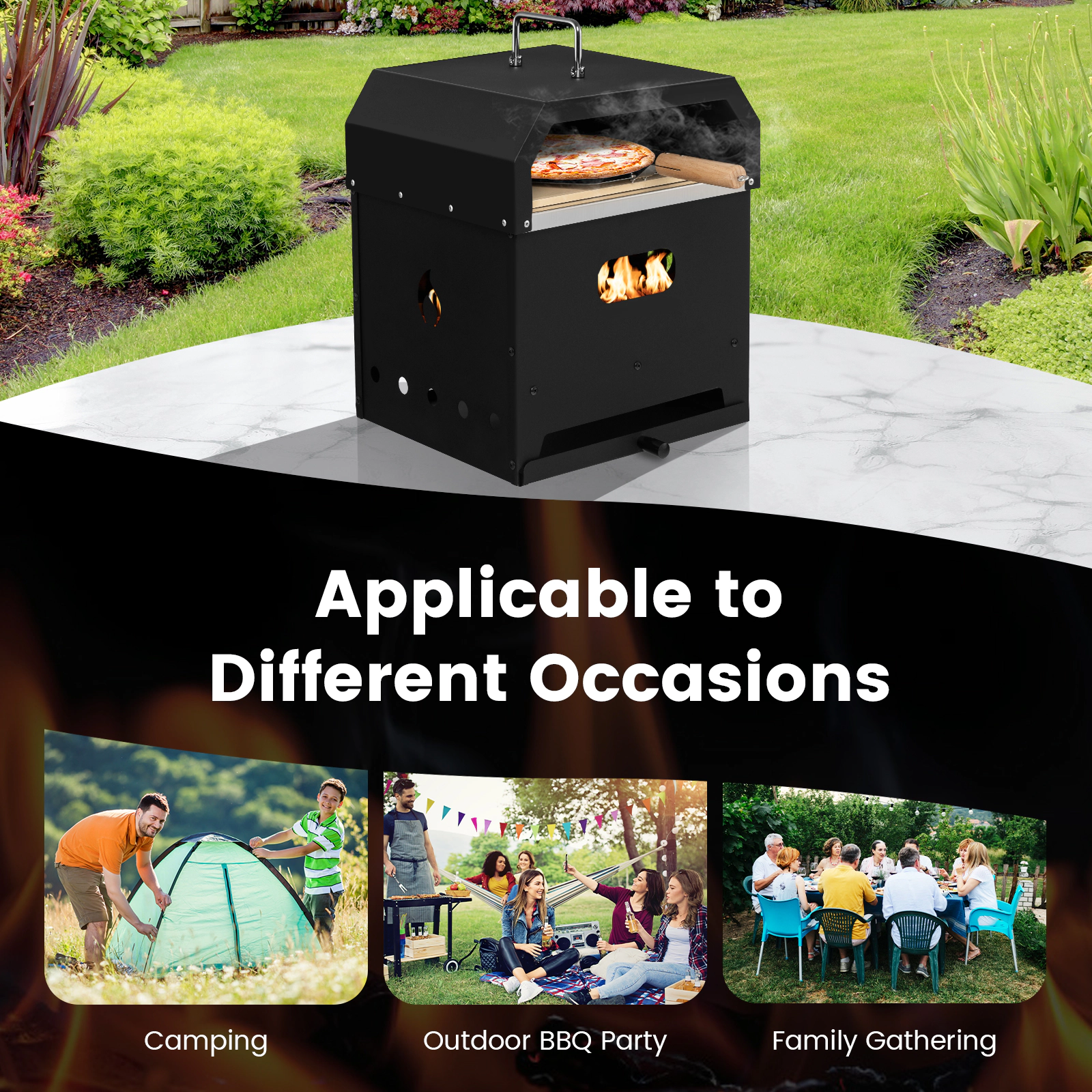 SUGIFT 4-in-1 Multifunction Portable Outdoor Pizza Oven Gas Stove Fire Pit BBQ Grill 12 x 12-in Cordierite Stone Black