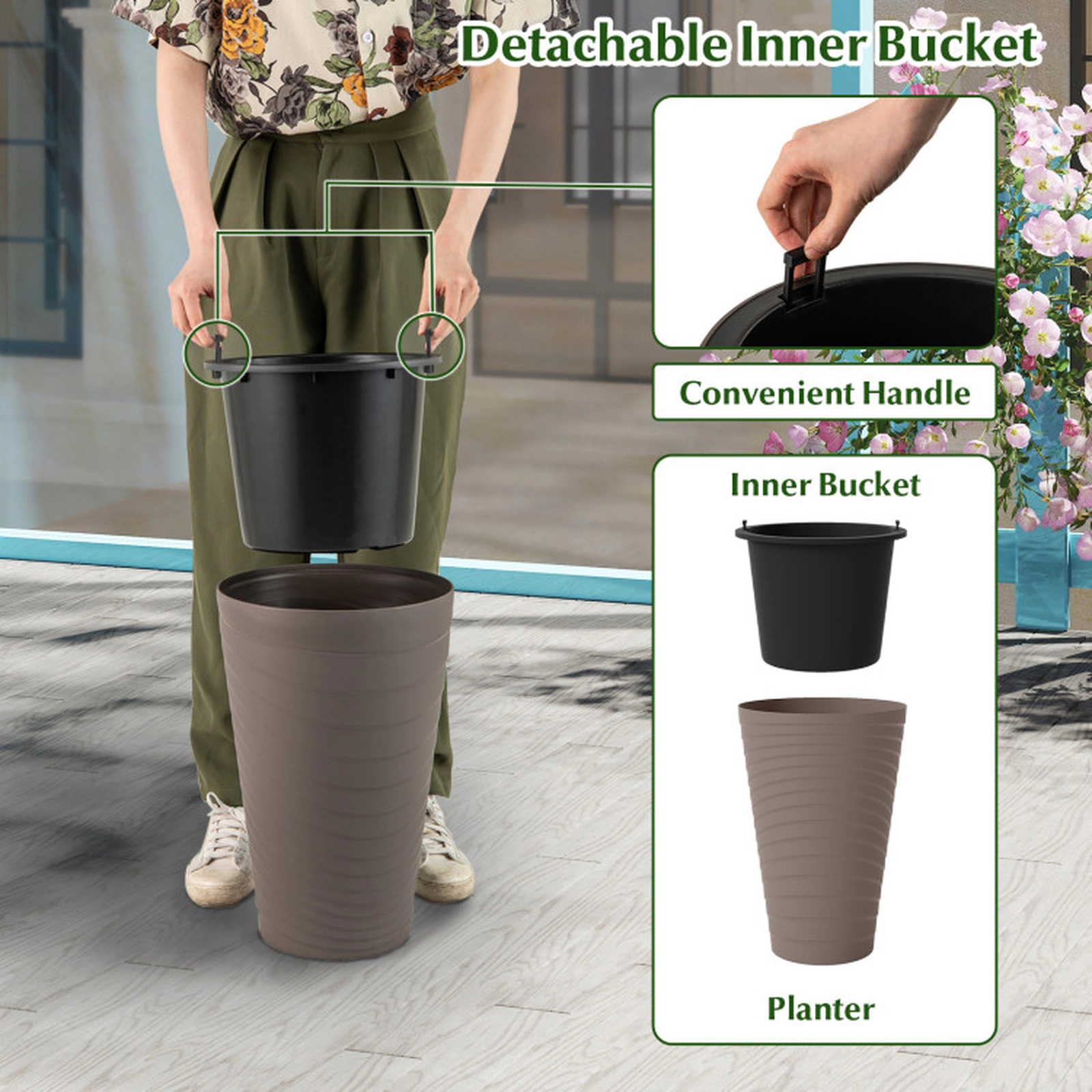 SUGIFT Set of 2 18-in Tall Round Spiral Texture Flower Pots with Insert Bucket Handles and 51 Drain Holes