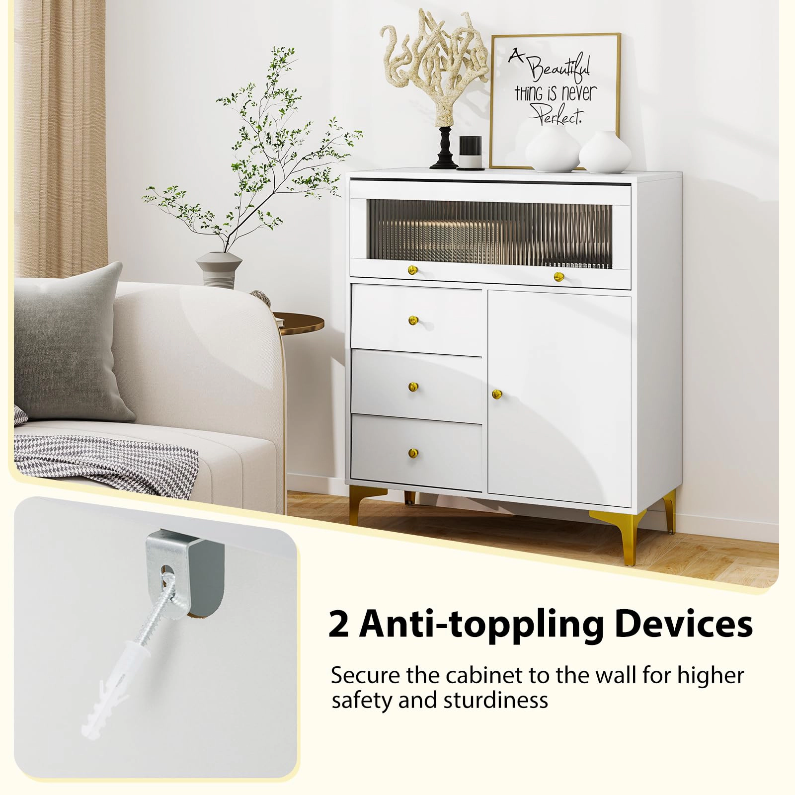 Glintex 3-Drawer Chest with Flip-Up Fluted Glass Door and Metal Legs, Gray