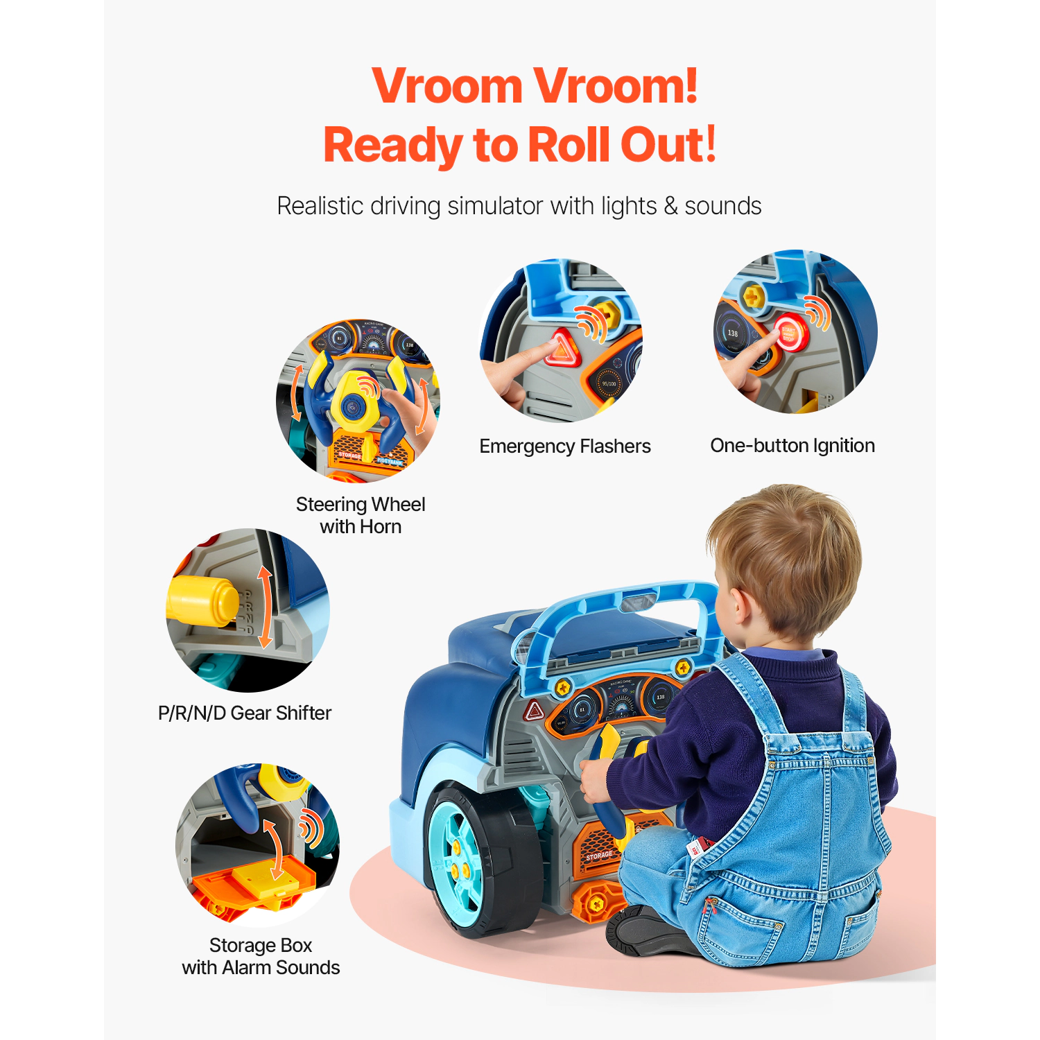HONGGE Engine Toy 60 Pieces Kids Mechanic Car Repair Set with Removable Parts Lights and Sounds Steering Wheel Horn