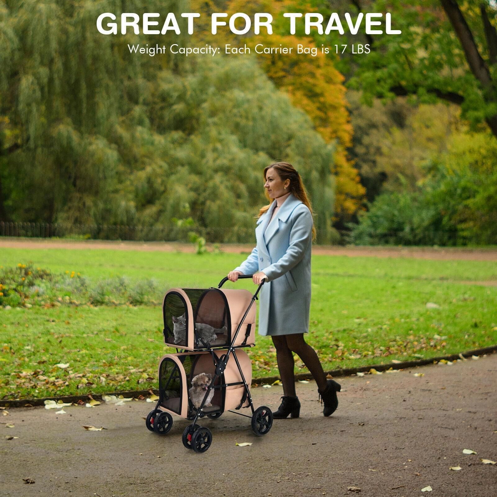 SUGIFT 20 x 41.5-in 17-lb Per Carrier Capacity Beige 4-in-1 Double Pet Stroller with 2 Detachable Carriers