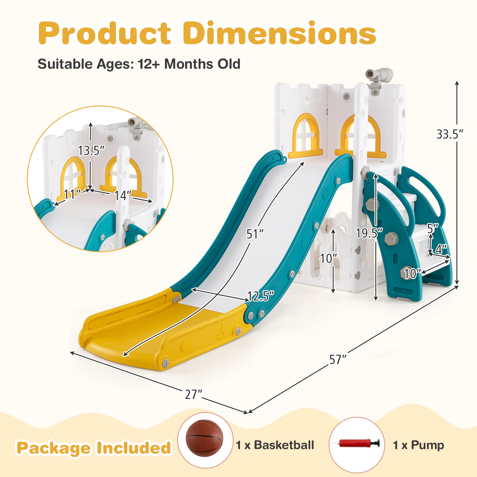 SUGIFT 6-in-1 110-lb Capacity L-Shaped Toddler Slide with Telescope Climber Basketball Hoop and Ladder