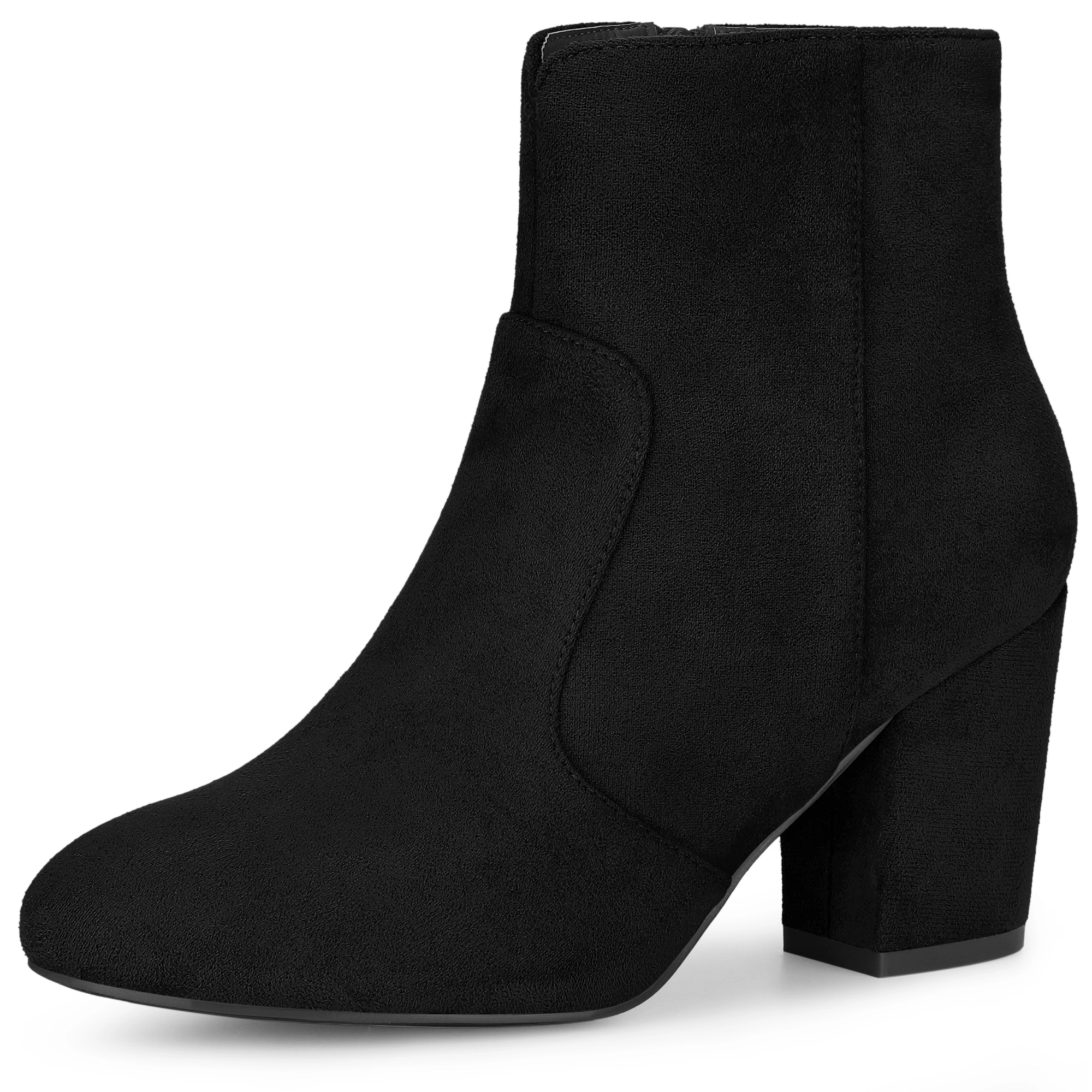 BLISSFUL STEP Women Faux Suede Round Toe Chunky Heel Side Zip Ankle Boots