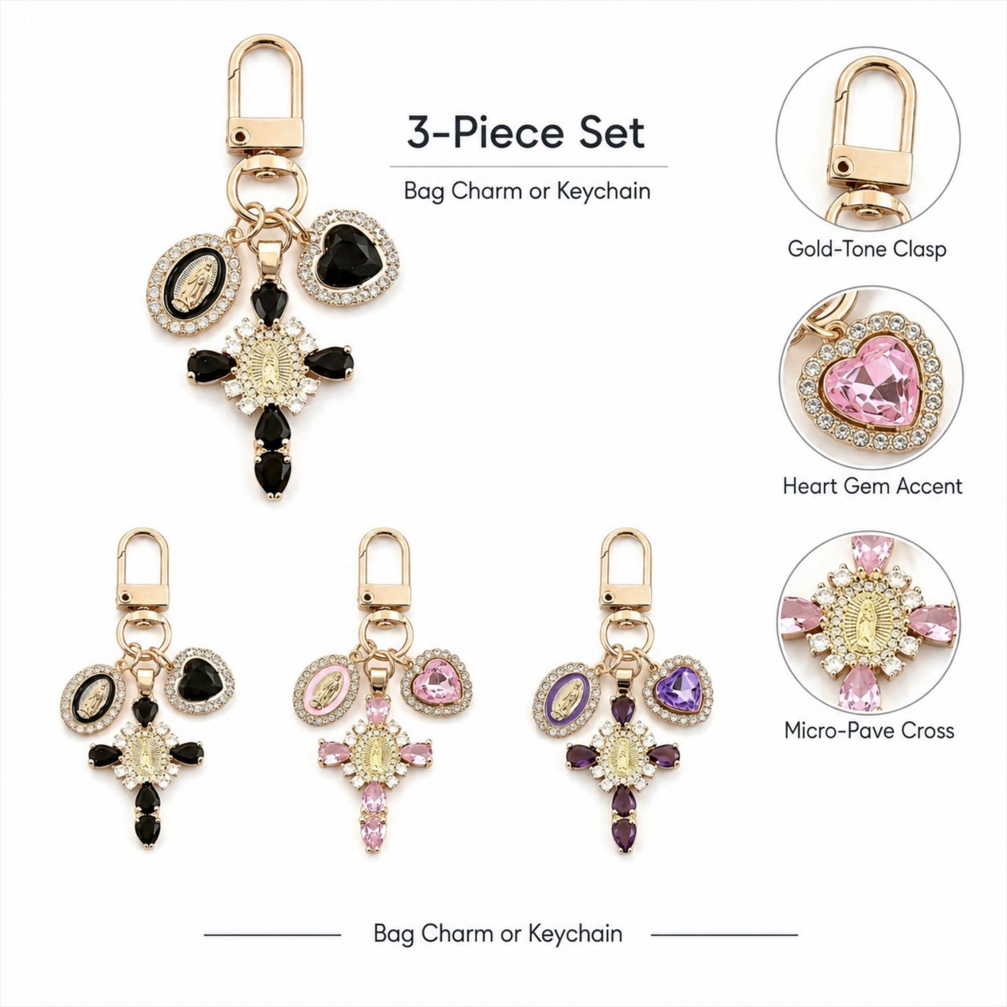 Alilang Women's 3pc Cross Keychain Bag Charm with Rhinestone Heart Pendant and Medallion Accent