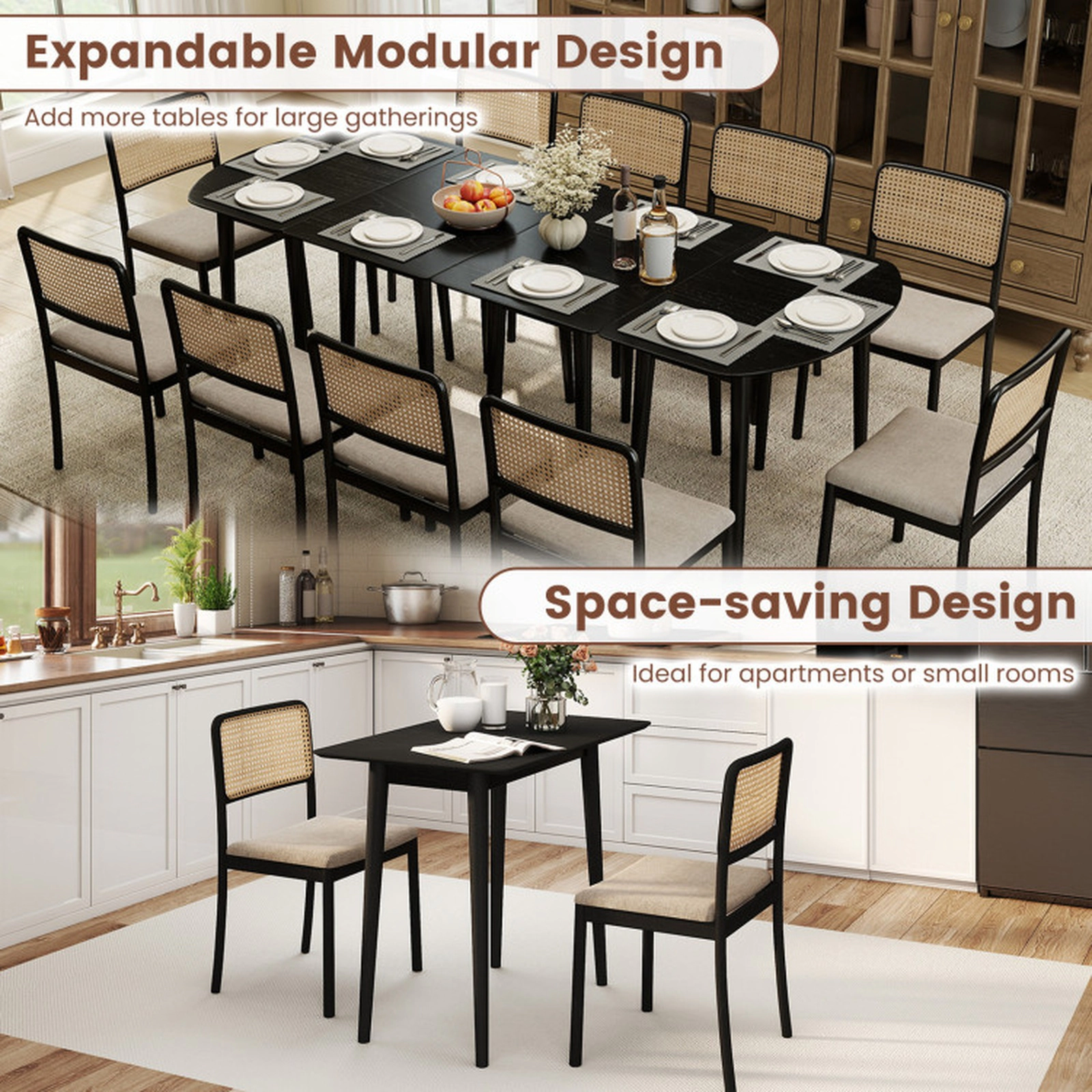 SUGIFT 68-in Modular Expandable Dining Table Set for 6 to 8, 1 Rectangular and 2 Half-Round Tables