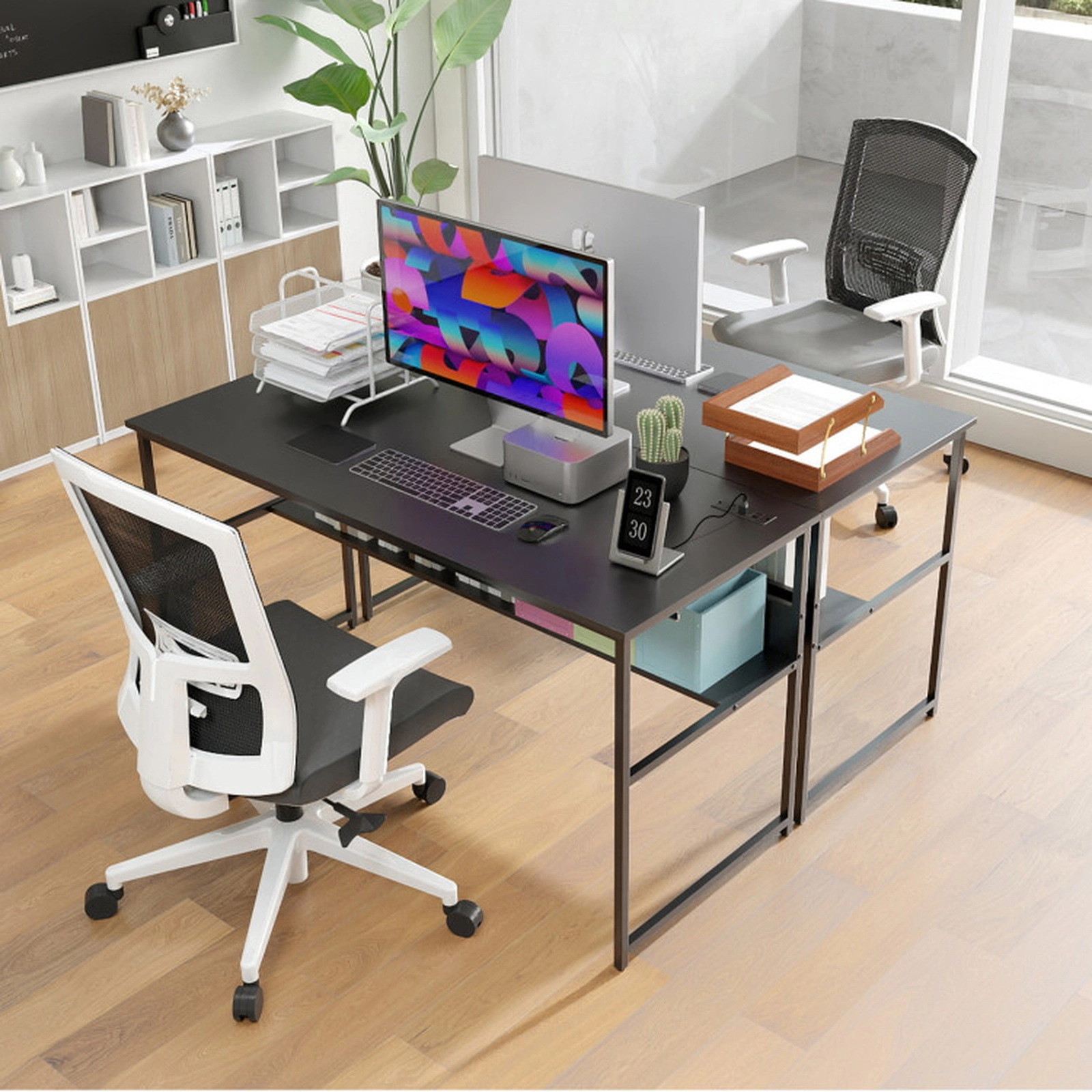 SUGIFT 55 x 24-in Computer Desk with Power Outlets and USB Ports 220-lb Tabletop Capacity with Shelf Rustic Brown/Black