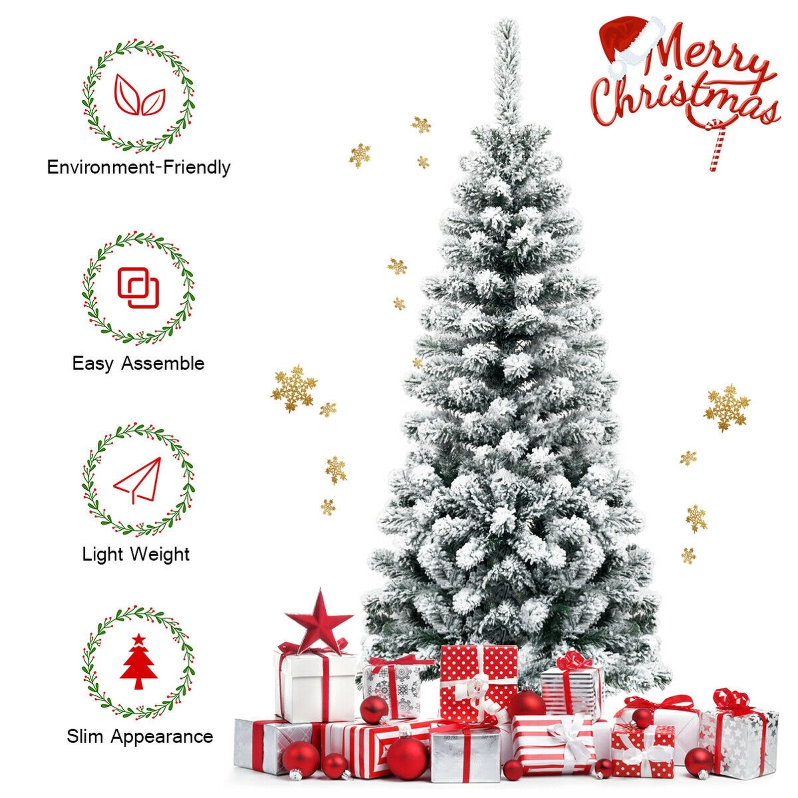 SUGIFT 4.5-ft Unlit Hinged Snow Flocked Artificial Pencil Christmas Tree 242 Tips 1.8-ft Wide 14-in Metal Stand White