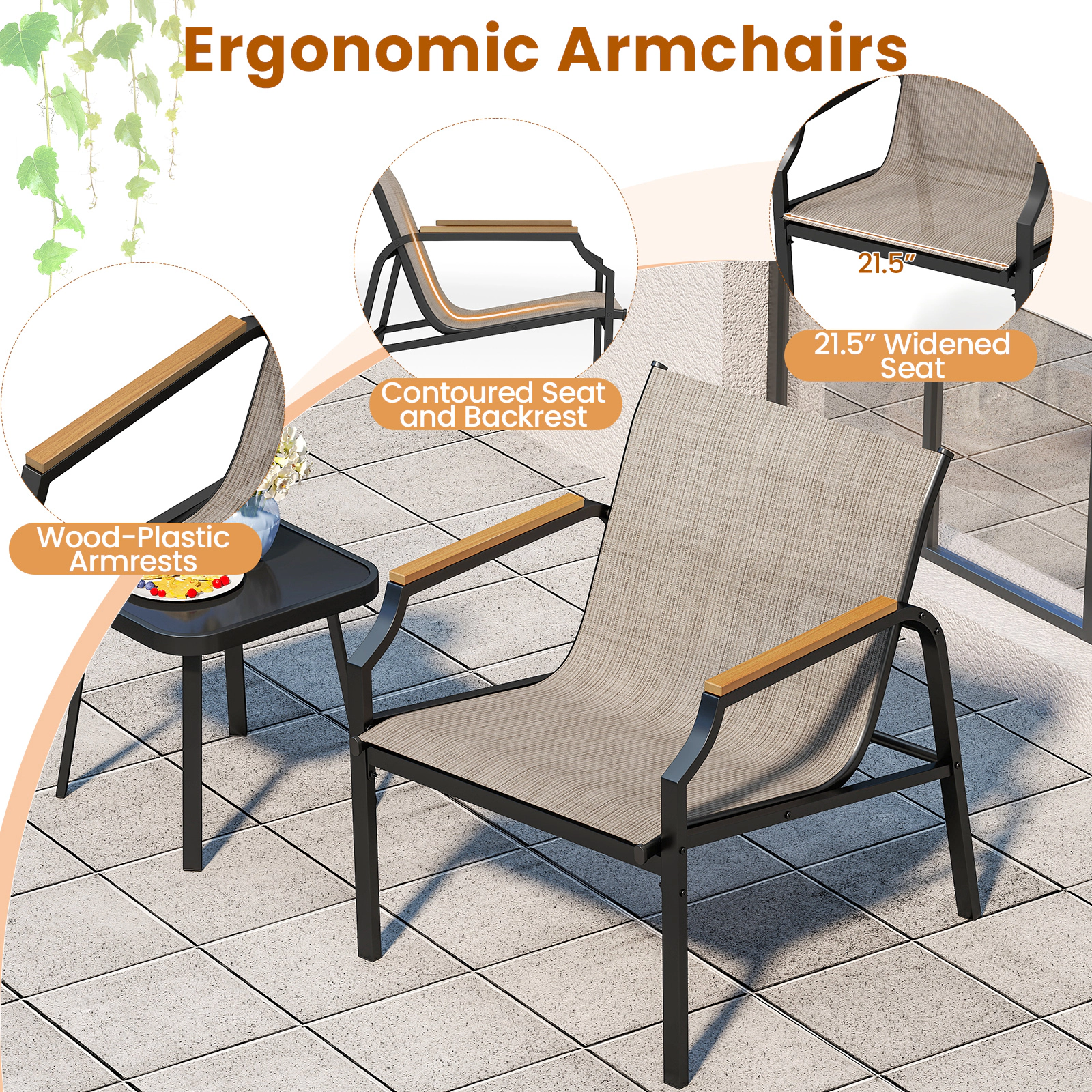 SUGIFT 3 Piece Outdoor Conversation Chair & Coffee Table Set Breathable Fabric Seats 330-Lb Chair Capacity Brown + Black
