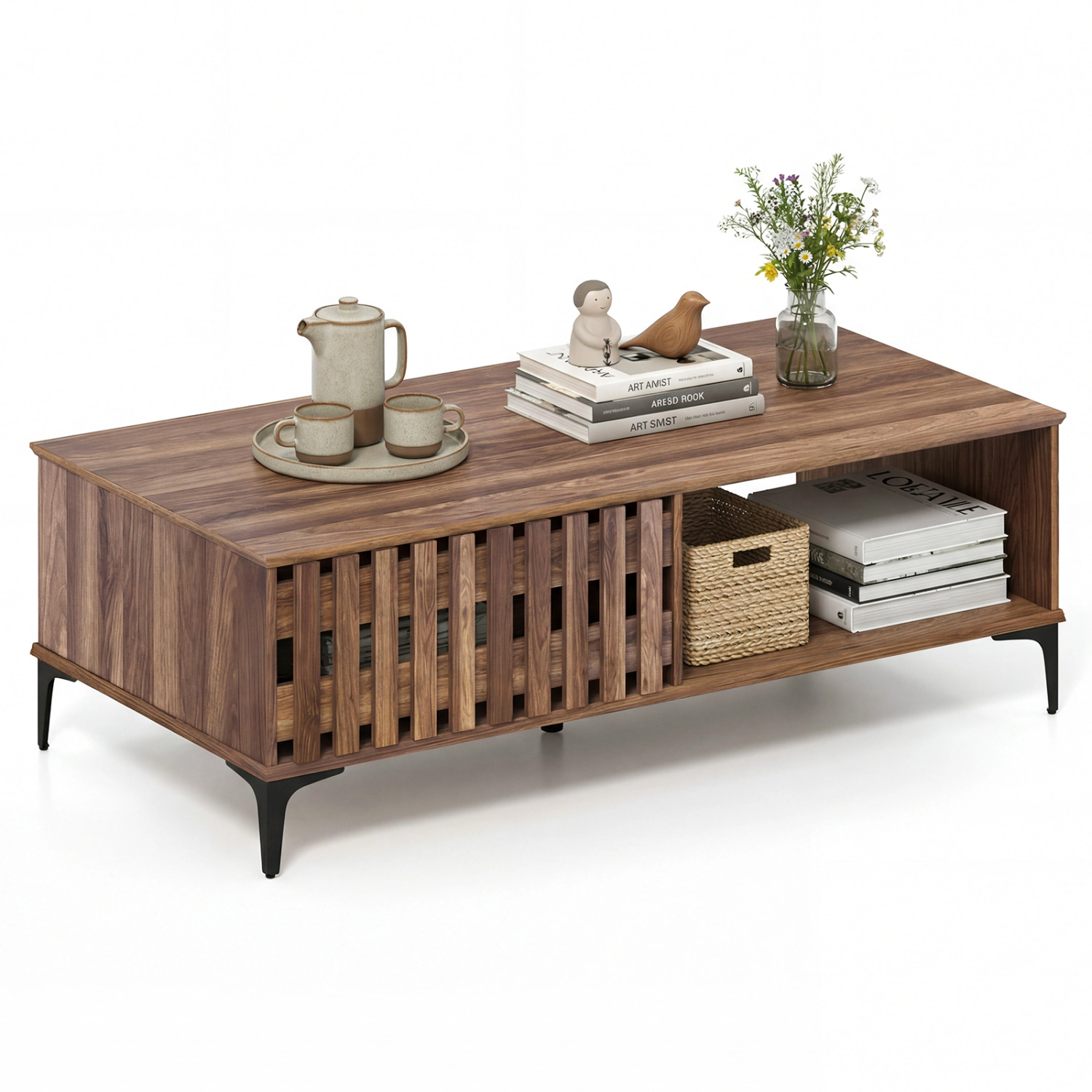 LJG 47 Inches Mid Century Coffee Table Farmhouse Wooden Center Table