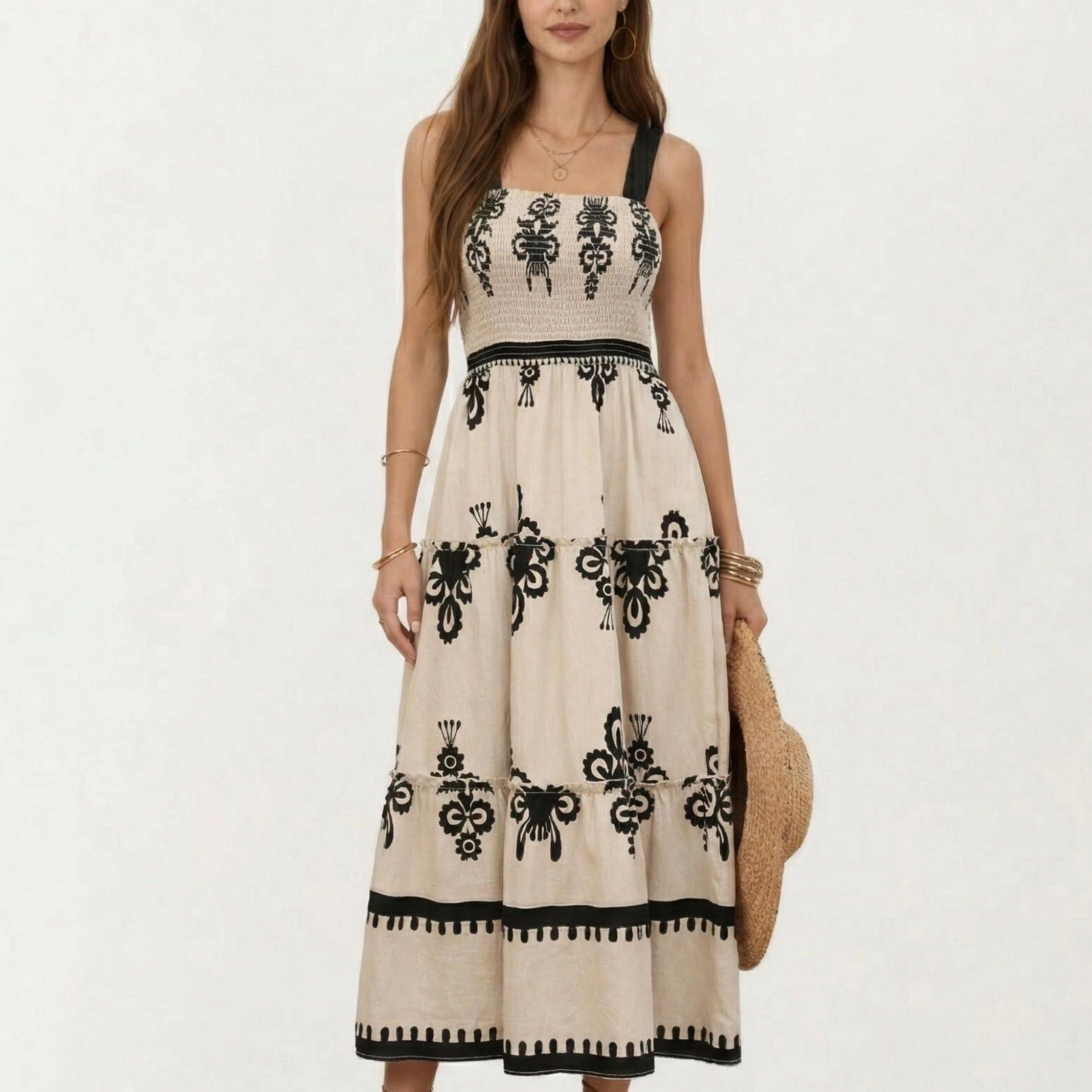 Anna-Kaci Womens Sleeveless Smocked Floral Tiered Midi Dress