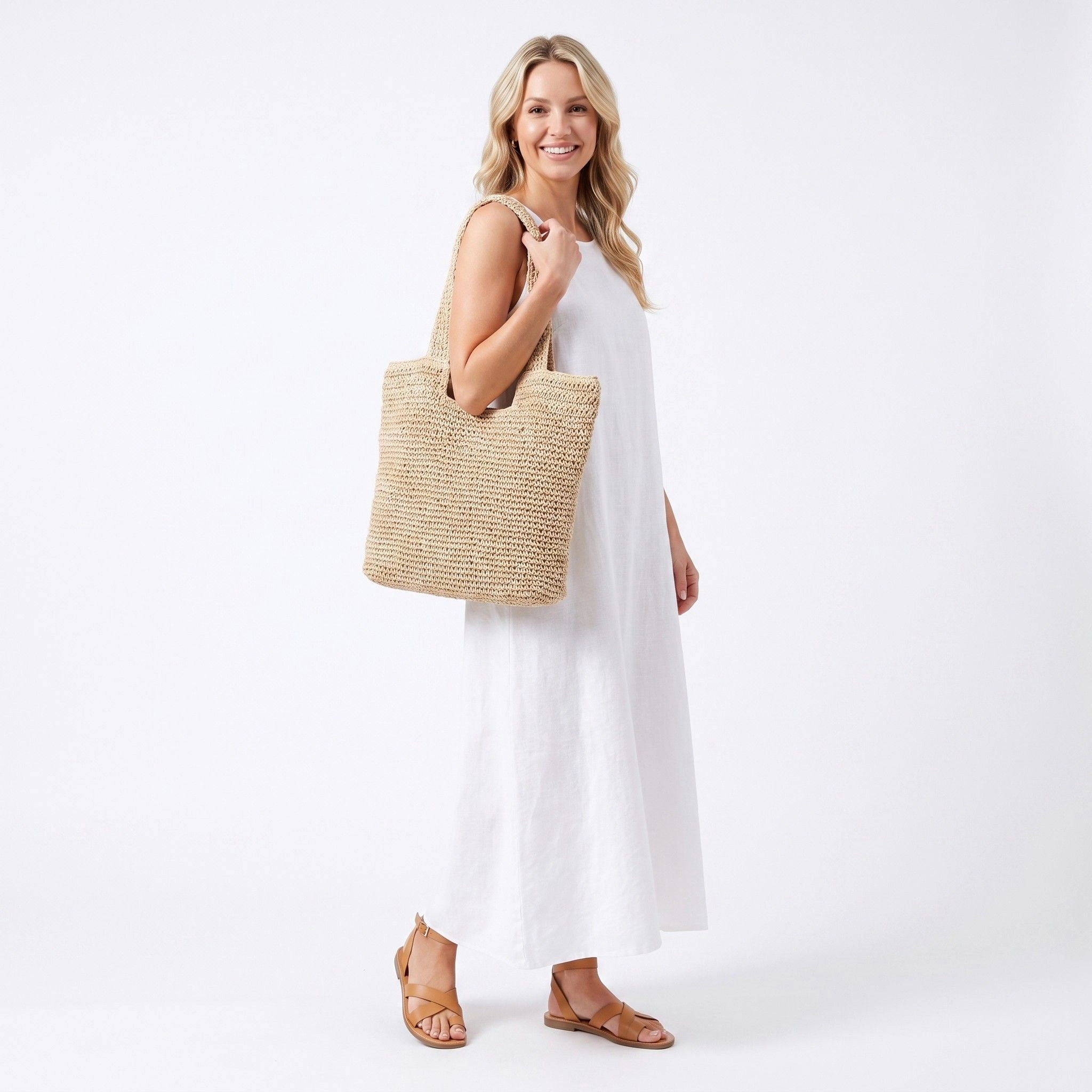 Alilang Women's Woven Crochet Tote Bag with Shoulder Straps Lightweight Knit Zipper Pocket, Khaki