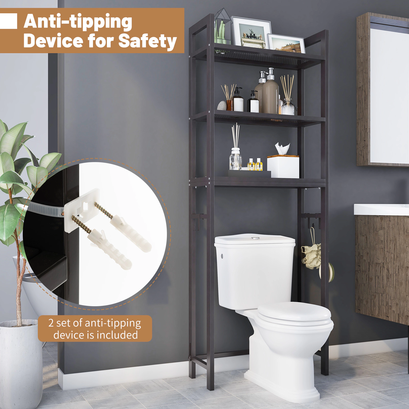 SUGIFT Black 67.5-in Tall Over the Toilet Storage Shelf with 3 Hooks and Metal Mesh Bathroom Organizer